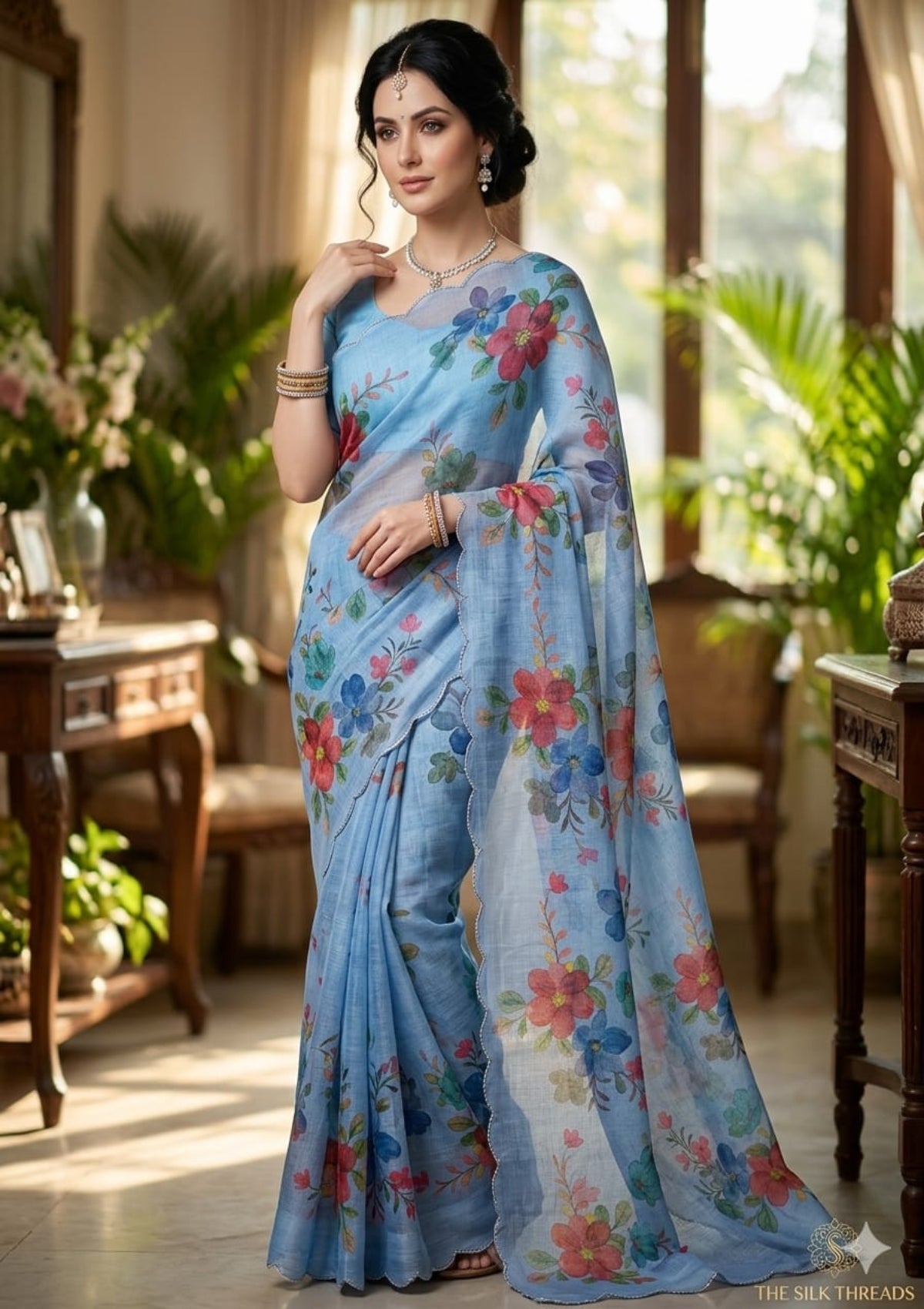 Sky Blue Floral Printed Organza Saree with Scalloped Border - D00016