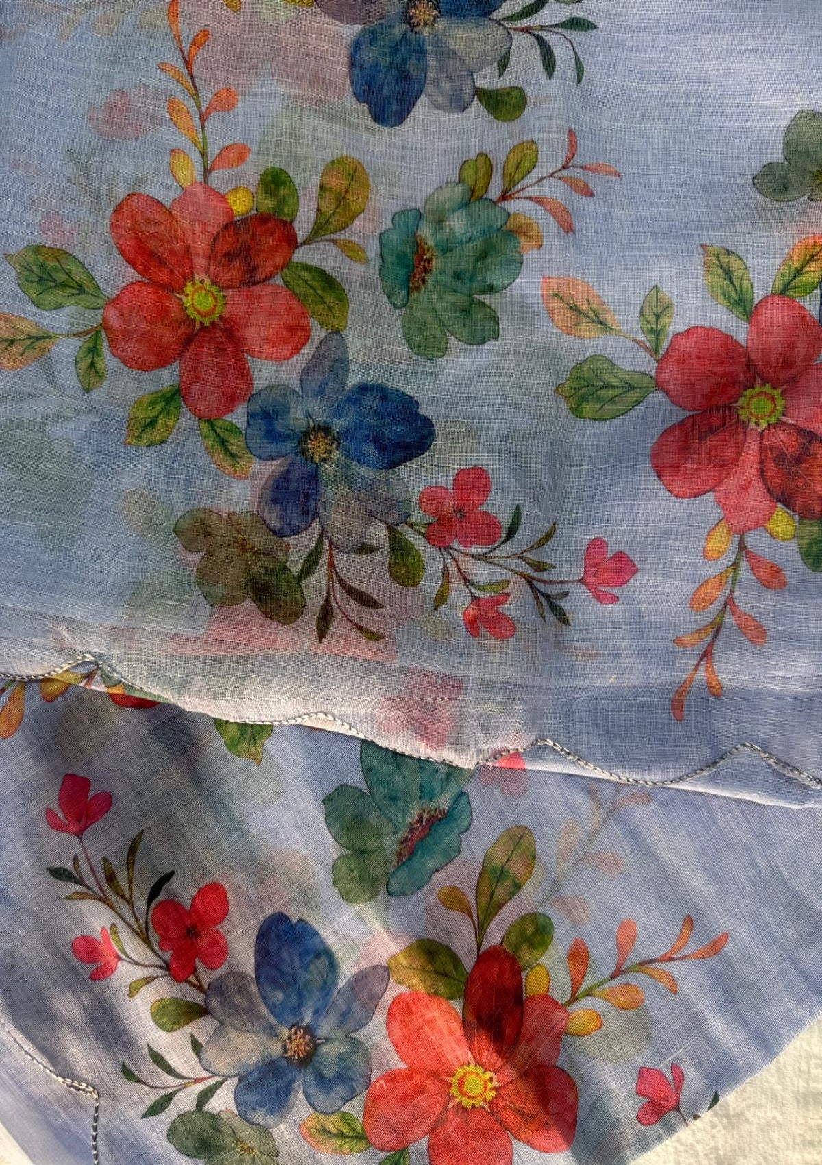 Sky Blue Floral Printed Organza Saree with Scalloped Border - D00016