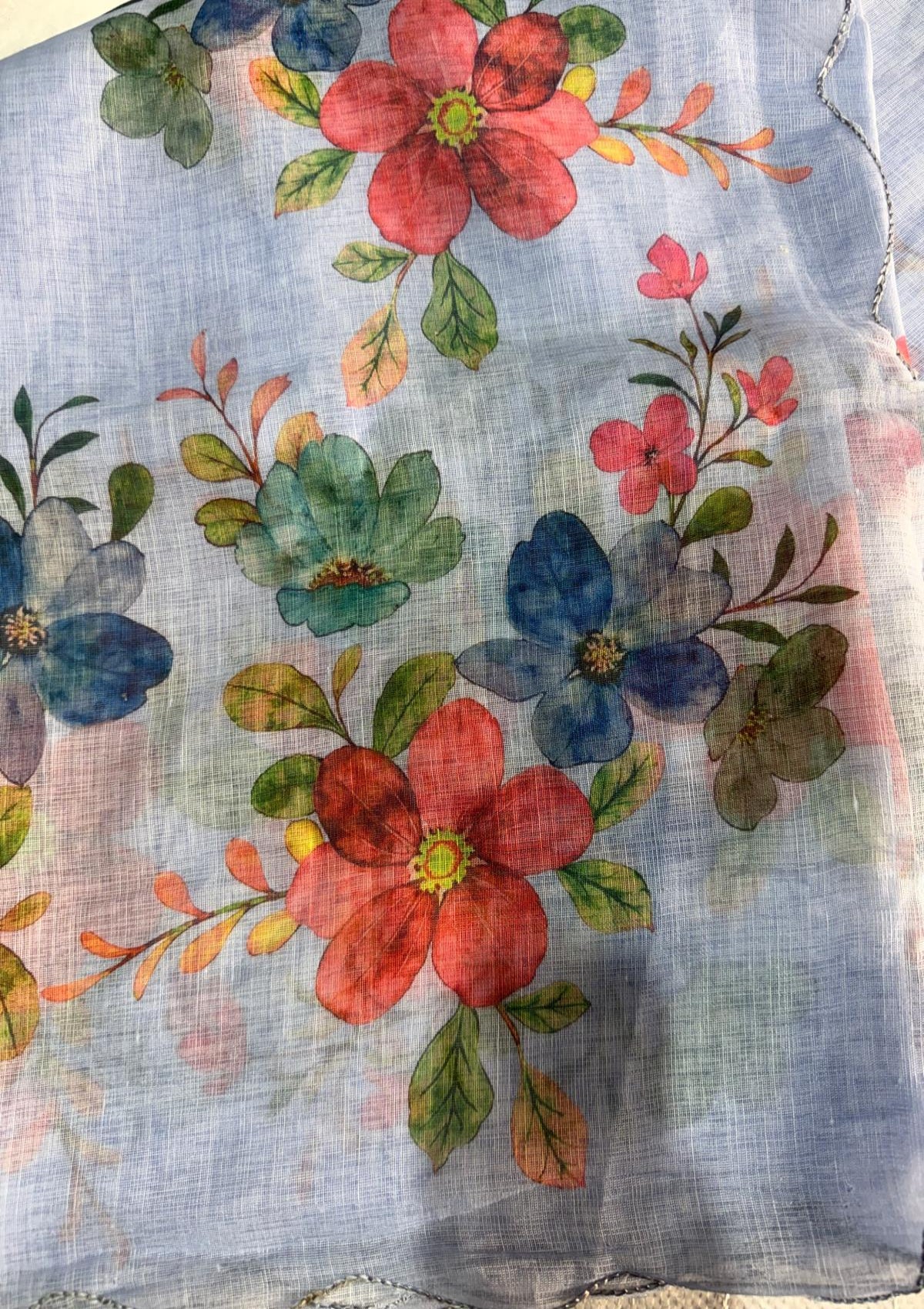 Sky Blue Floral Printed Organza Saree with Scalloped Border - D00016