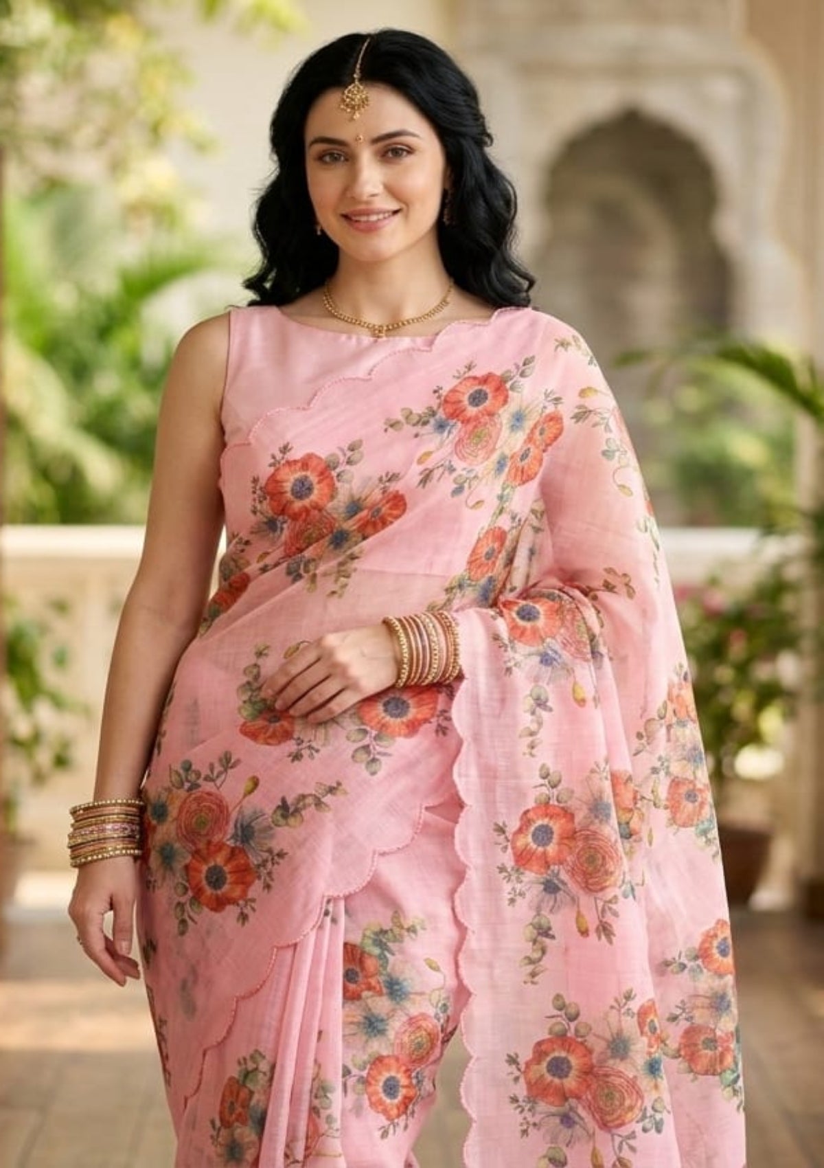 Blush Pink Organza Saree with Digital Floral Poppies & Scalloped Embroidered Border - D00027