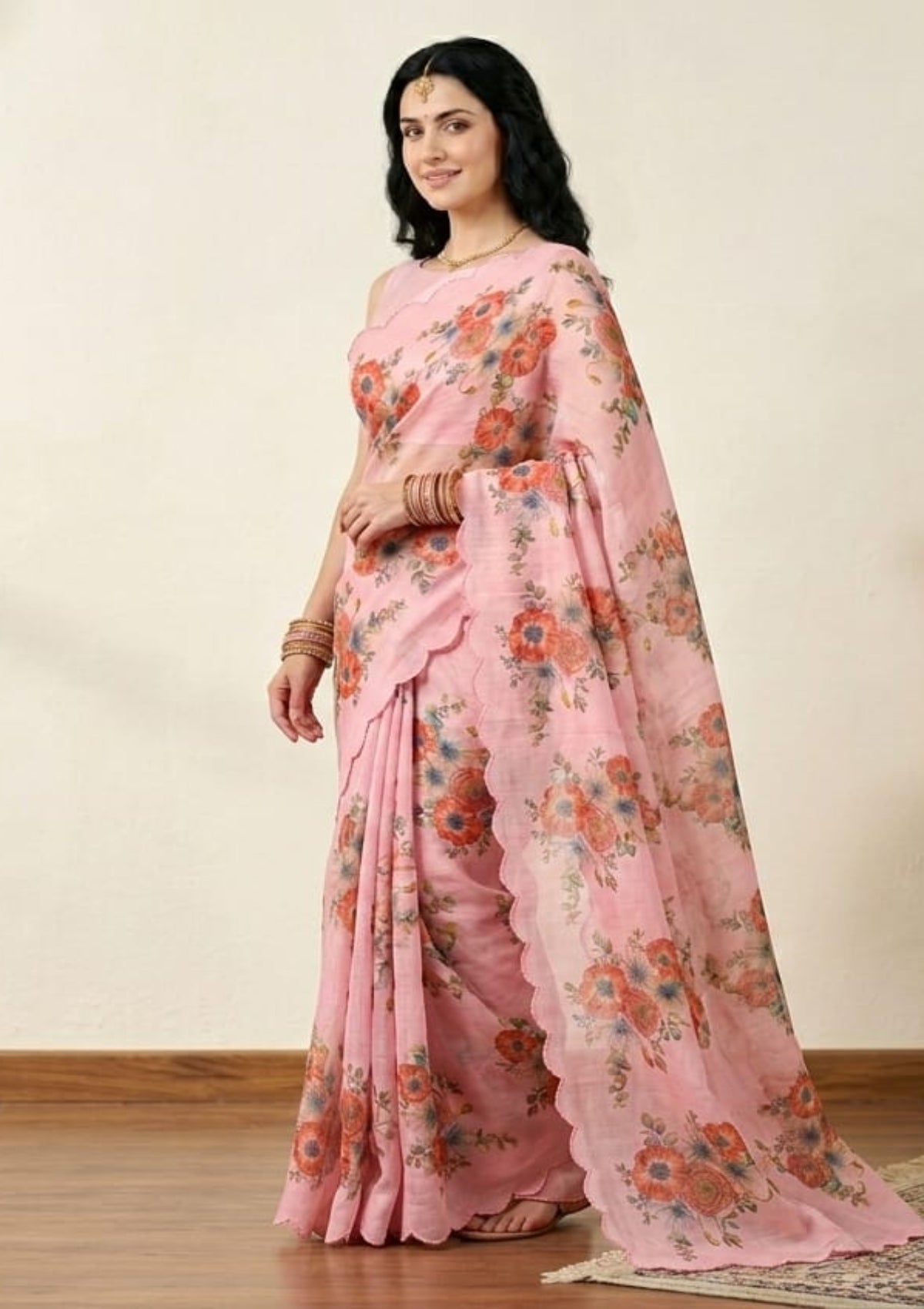 Blush Pink Organza Saree with Digital Floral Poppies & Scalloped Embroidered Border - D00027