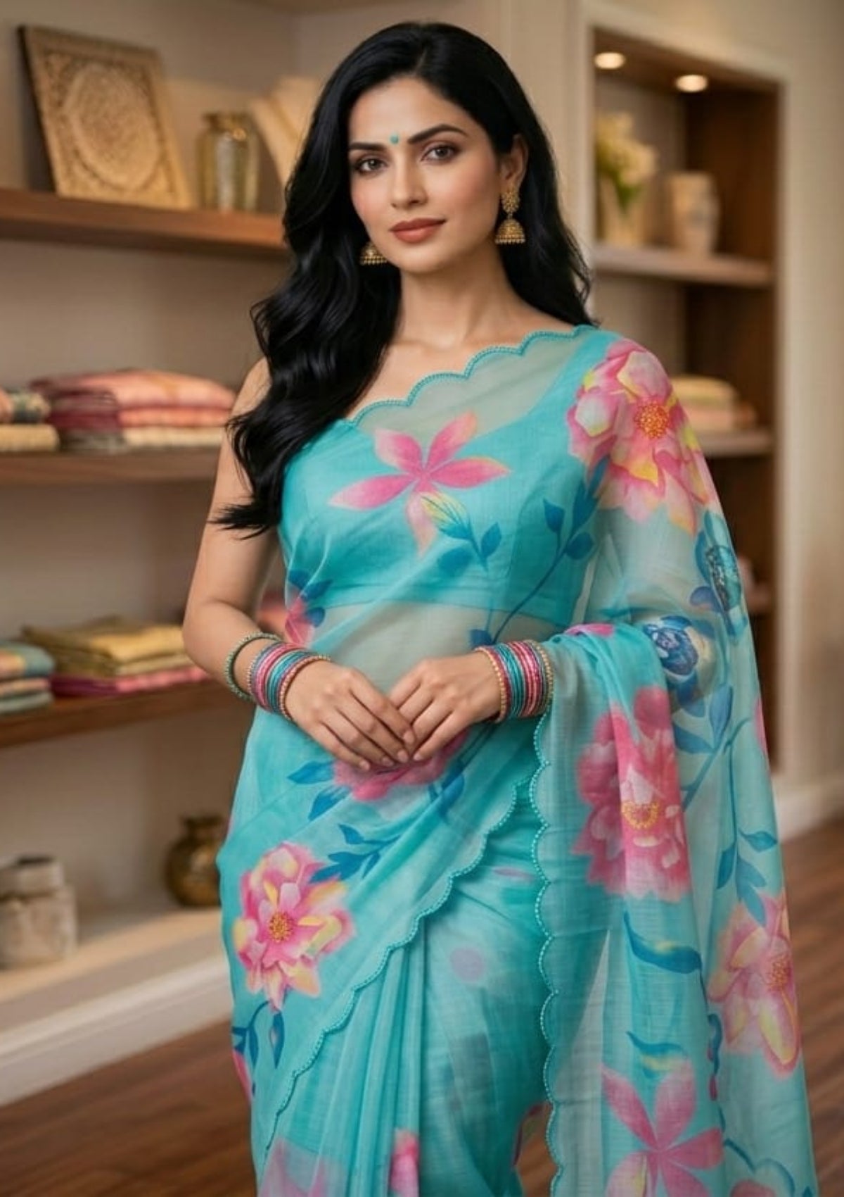 Seafoam Turquoise Organza Saree with Oversized Peony Digital Prints & Scalloped Borders - D00025