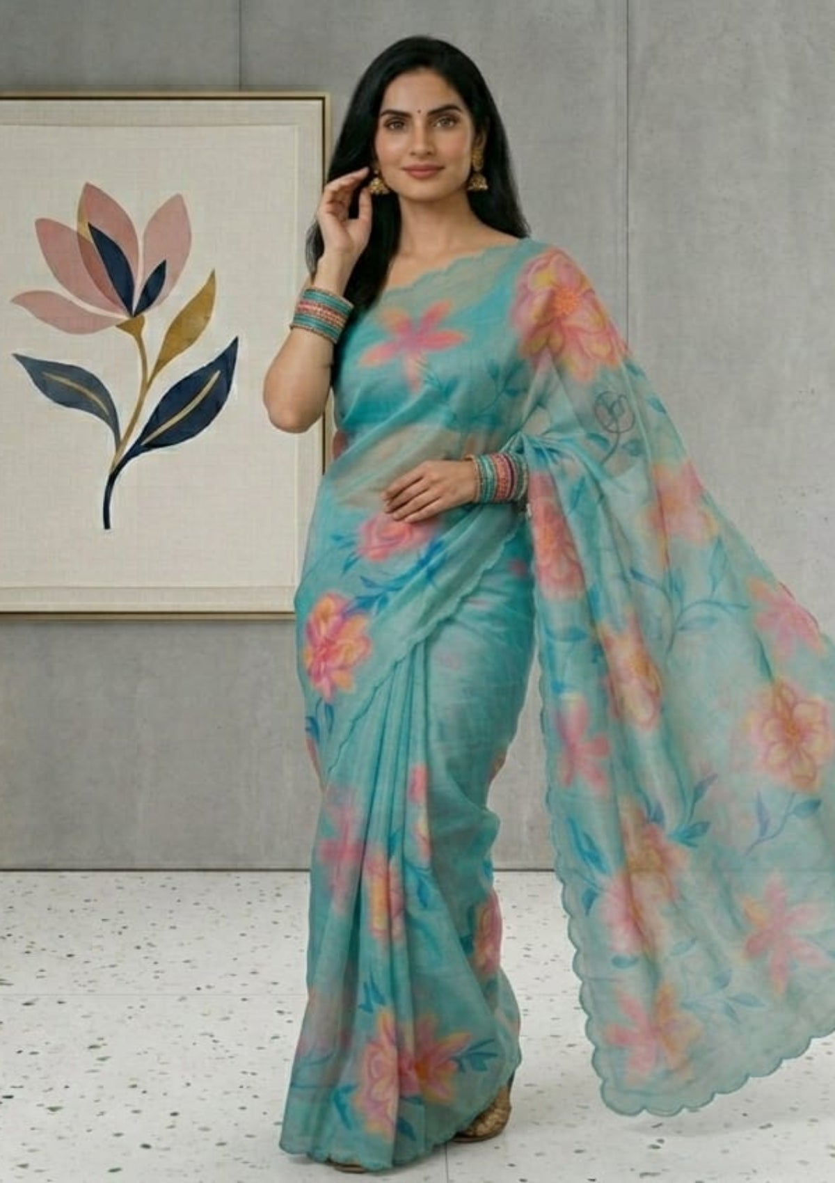 Seafoam Turquoise Organza Saree with Oversized Peony Digital Prints & Scalloped Borders - D00025
