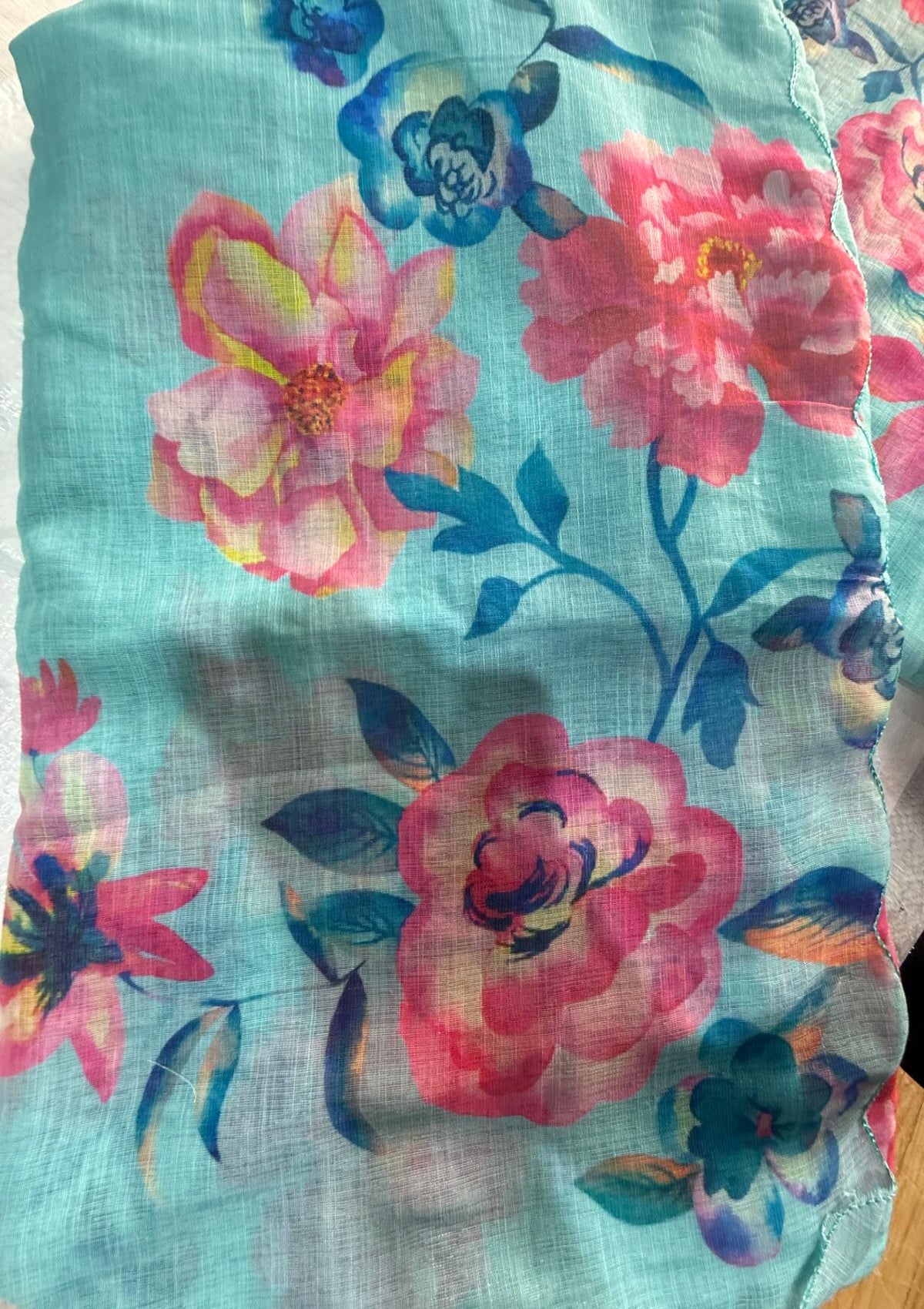 Seafoam Turquoise Organza Saree with Oversized Peony Digital Prints & Scalloped Borders - D00025