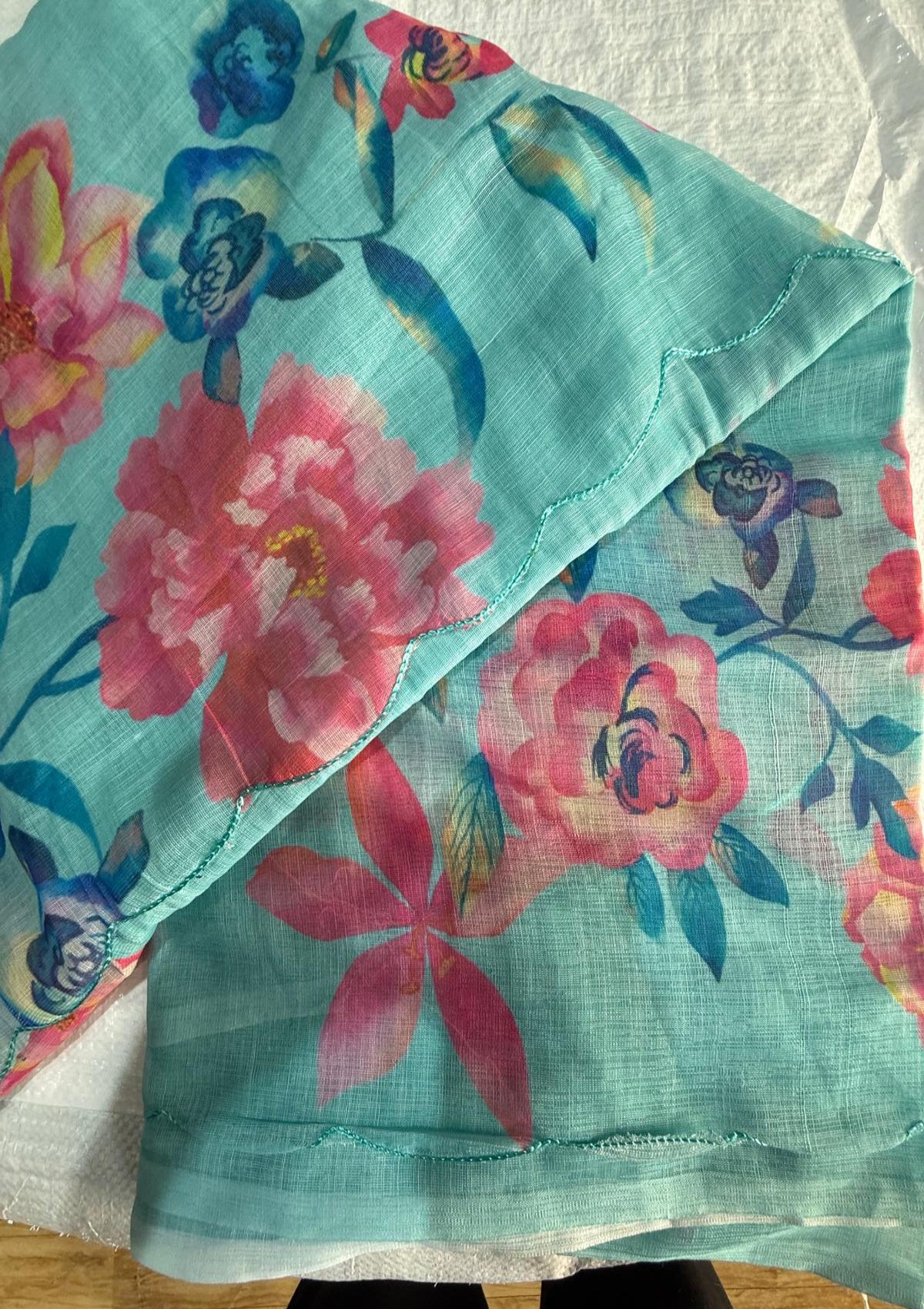 Seafoam Turquoise Organza Saree with Oversized Peony Digital Prints & Scalloped Borders - D00025