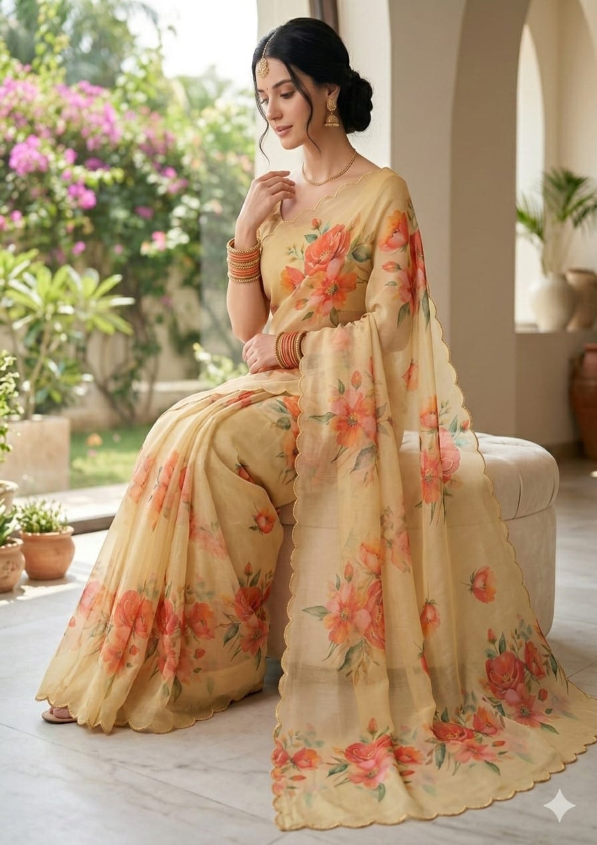 Seafoam Turquoise Pure Organza Saree with Vibrant Peony Digital Prints & Scalloped Borders - D00024
