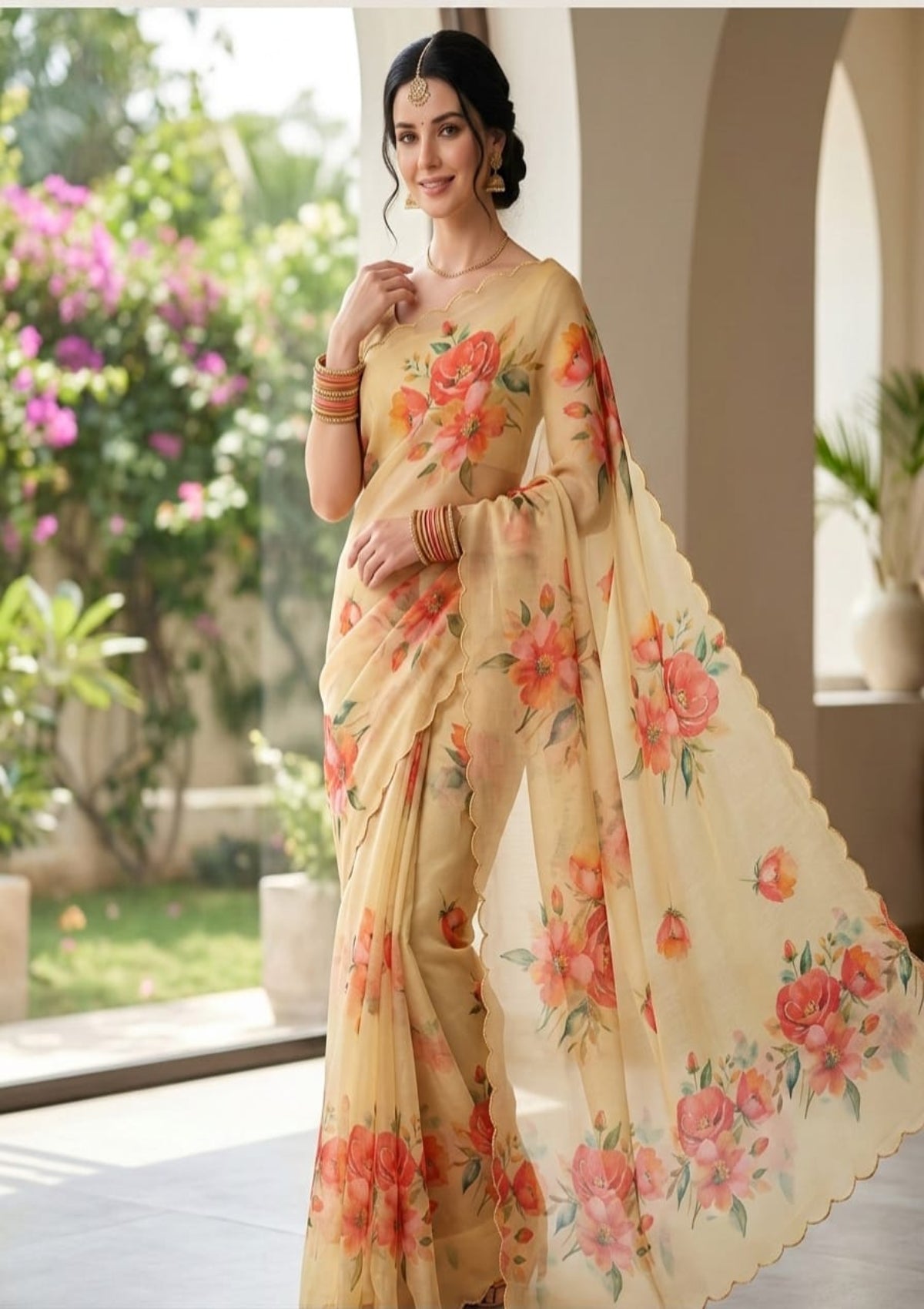 Seafoam Turquoise Pure Organza Saree with Vibrant Peony Digital Prints & Scalloped Borders - D00024