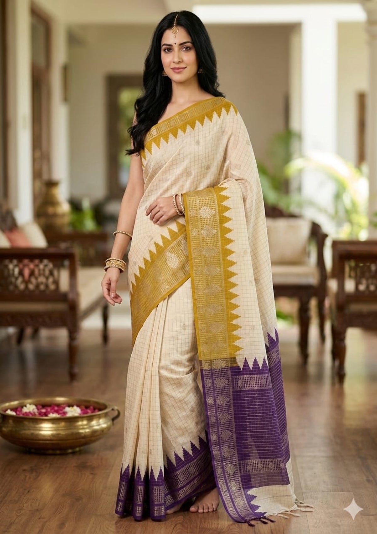 Cream Checkered Chanderi Silk Saree with Mustard & Purple Temple Borders -D00035