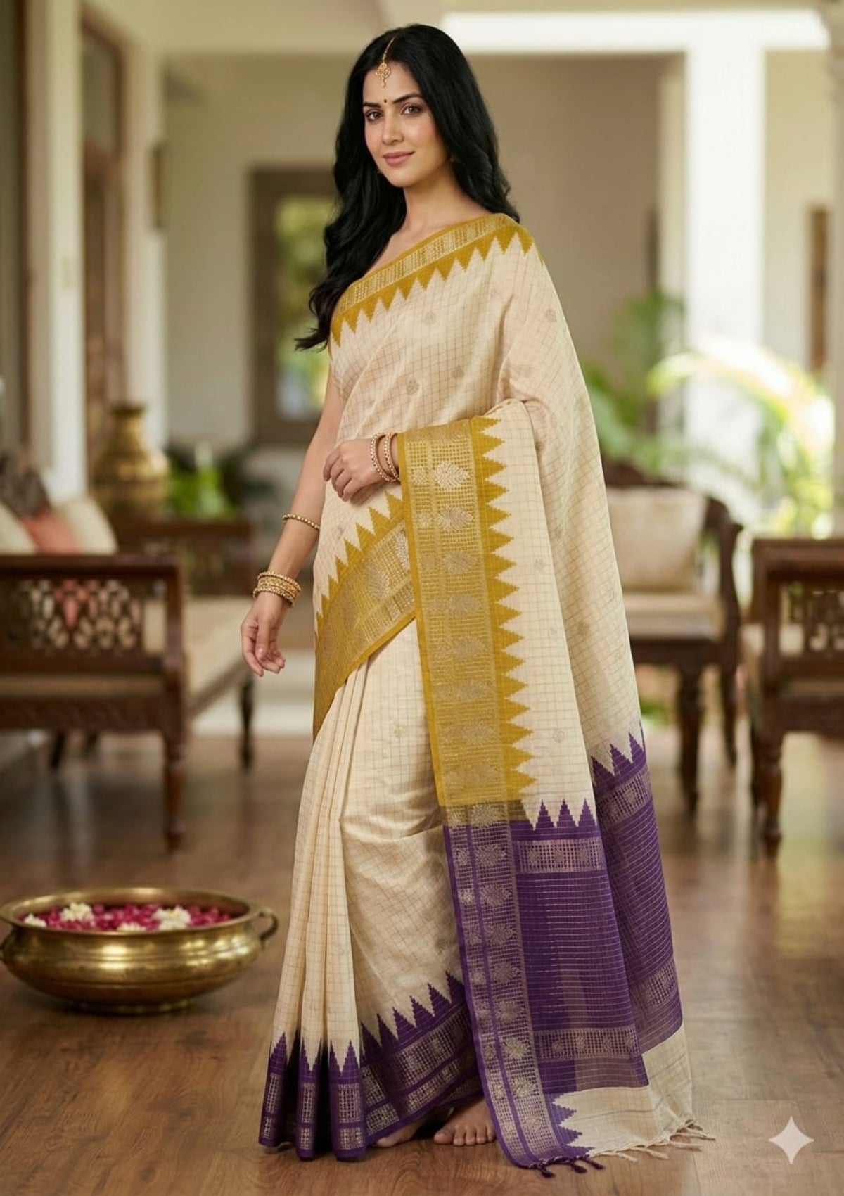Cream Checkered Chanderi Silk Saree with Mustard & Purple Temple Borders -D00035