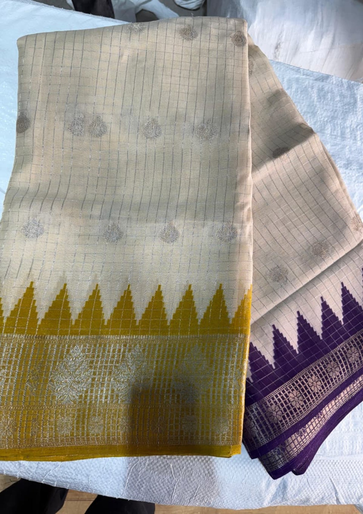 Cream Checkered Chanderi Silk Saree with Mustard & Purple Temple Borders -D00035