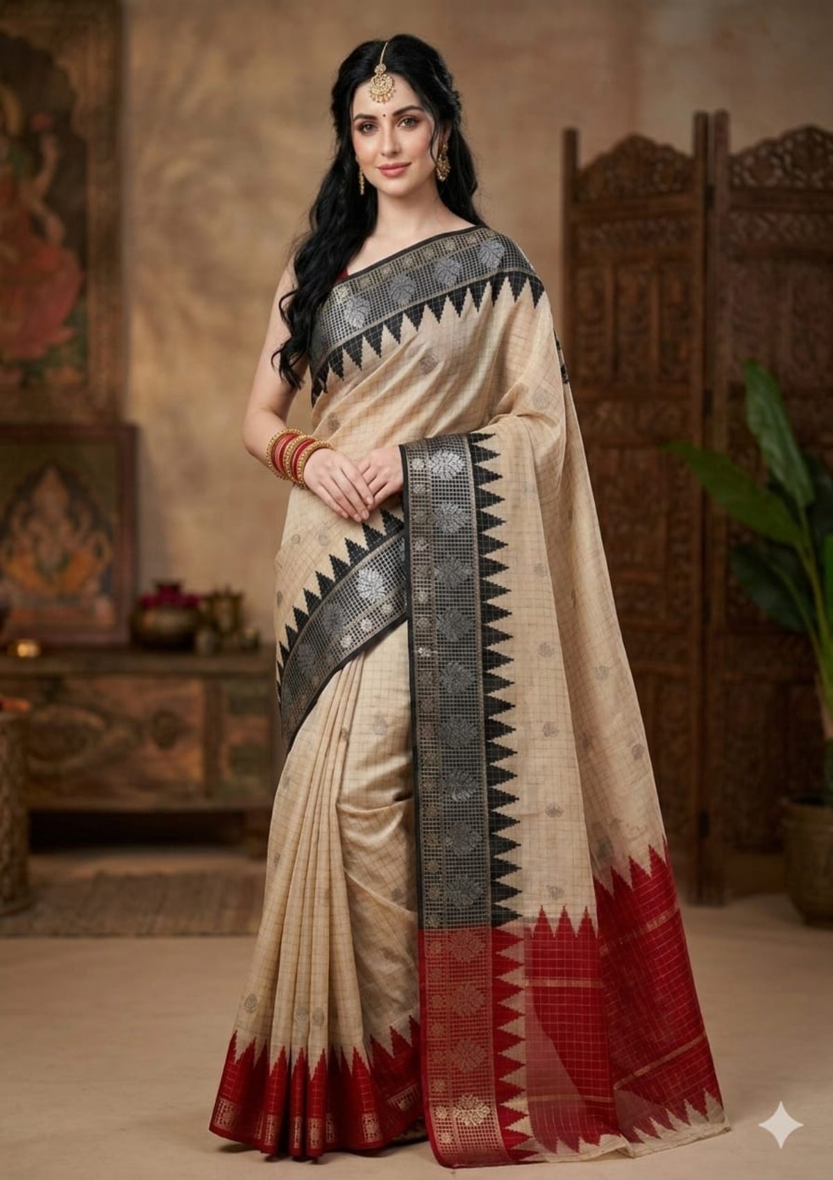 Cream Checkered Silk Saree with Contrast Temple Borders & Zari Woven Accents - D00036