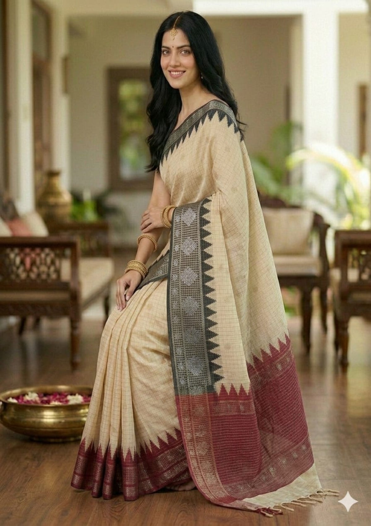 Cream Checkered Silk Saree with Contrast Temple Borders & Zari Woven Accents - D00036