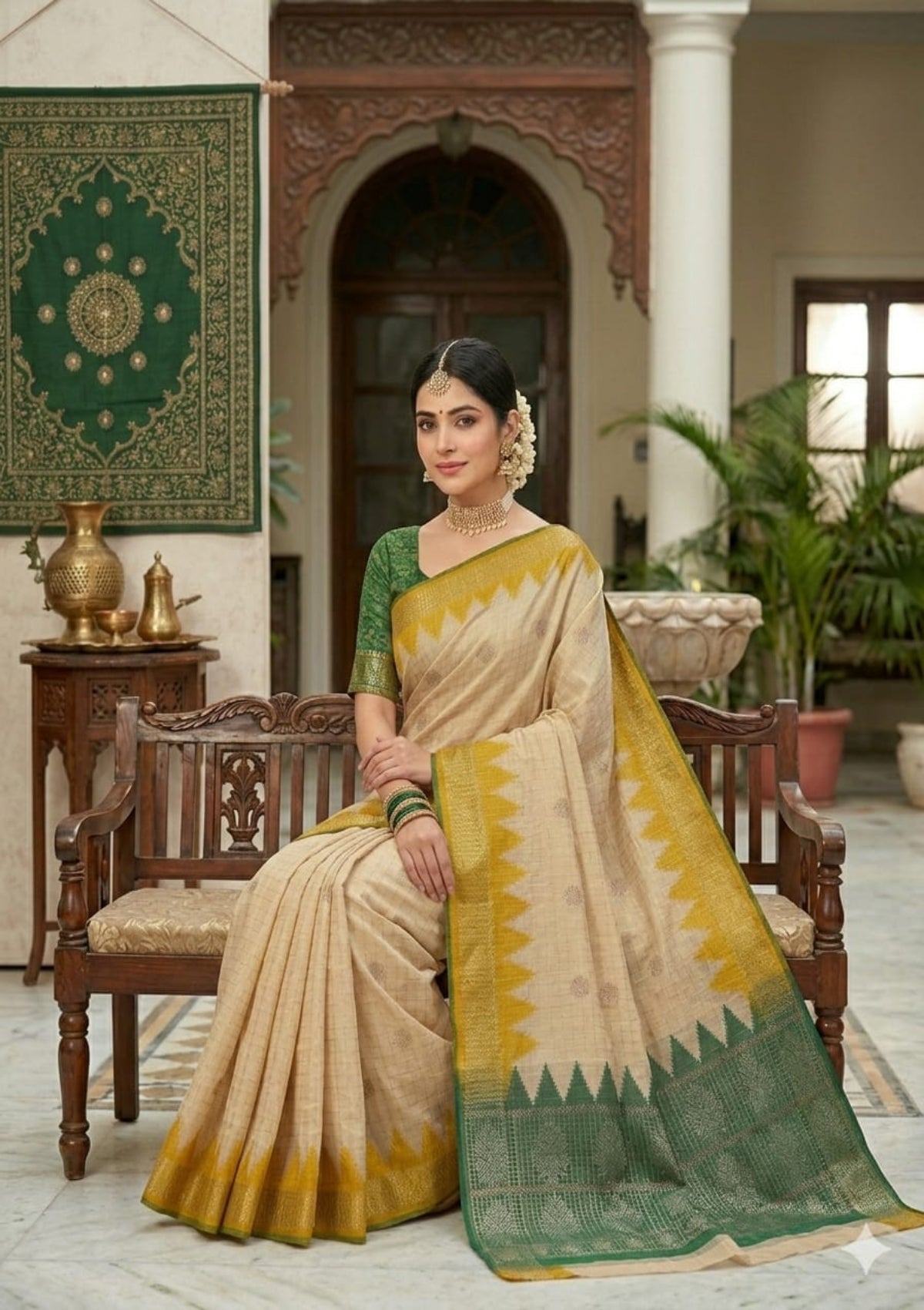 Beige Gold Checkered Saree with Contrast Temple Borders & Woven Zari Accents - D00037