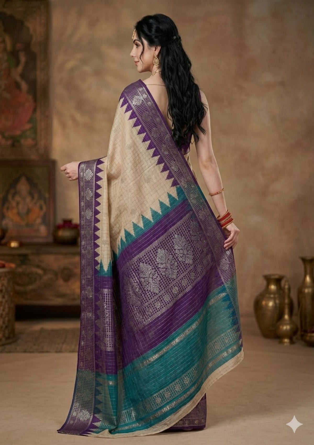 Classic Checkered Silk Saree with Contrast Temple Borders and Zari Woven Accents - D00038