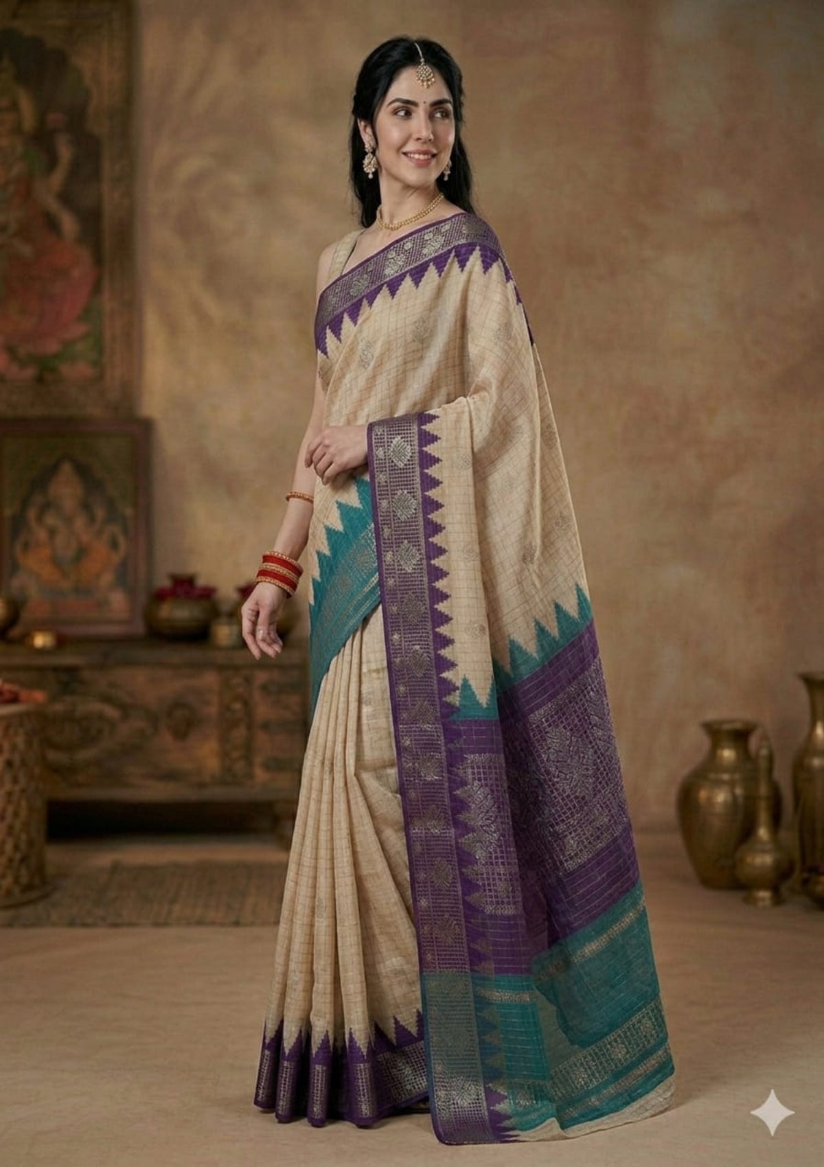 Classic Checkered Silk Saree with Contrast Temple Borders and Zari Woven Accents - D00038