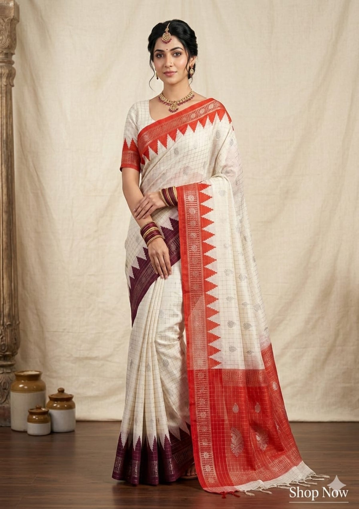 Classic Checkered Silk Saree with Contrast Temple Borders & Zari Woven Motifs - D00039