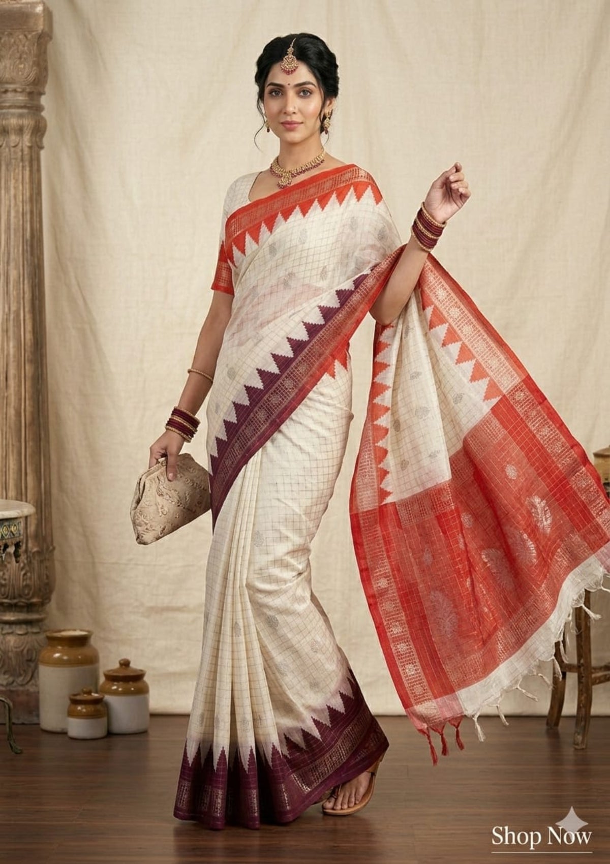Classic Checkered Silk Saree with Contrast Temple Borders & Zari Woven Motifs - D00039