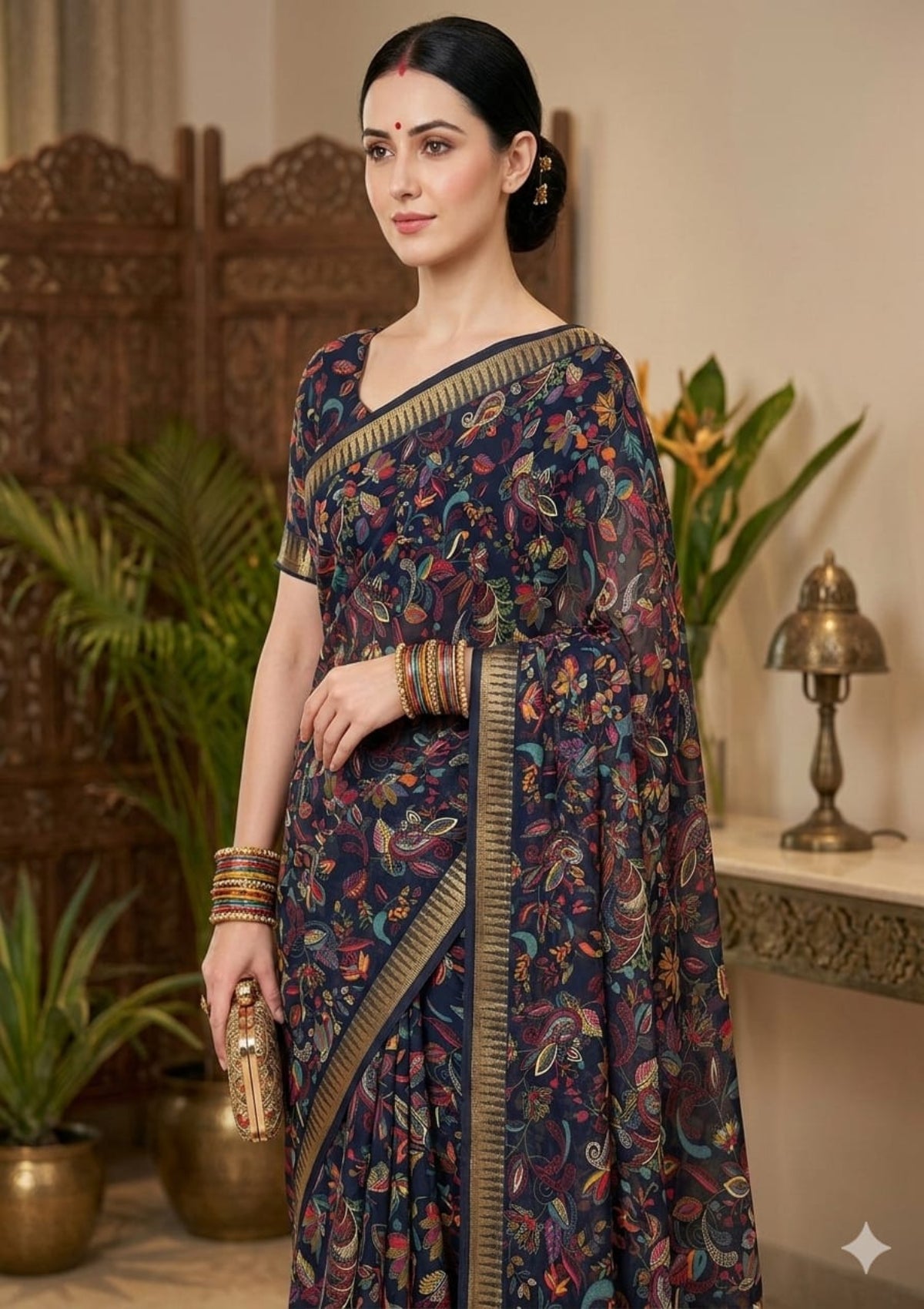Floral & Paisley Printed Georgette Saree - D00040