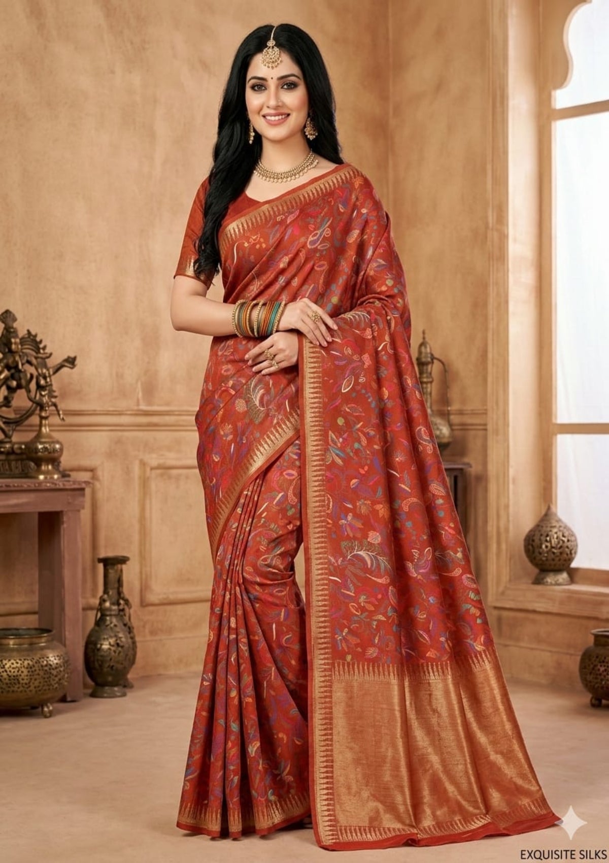 Rust Red Floral & Paisley Printed Saree - D00042