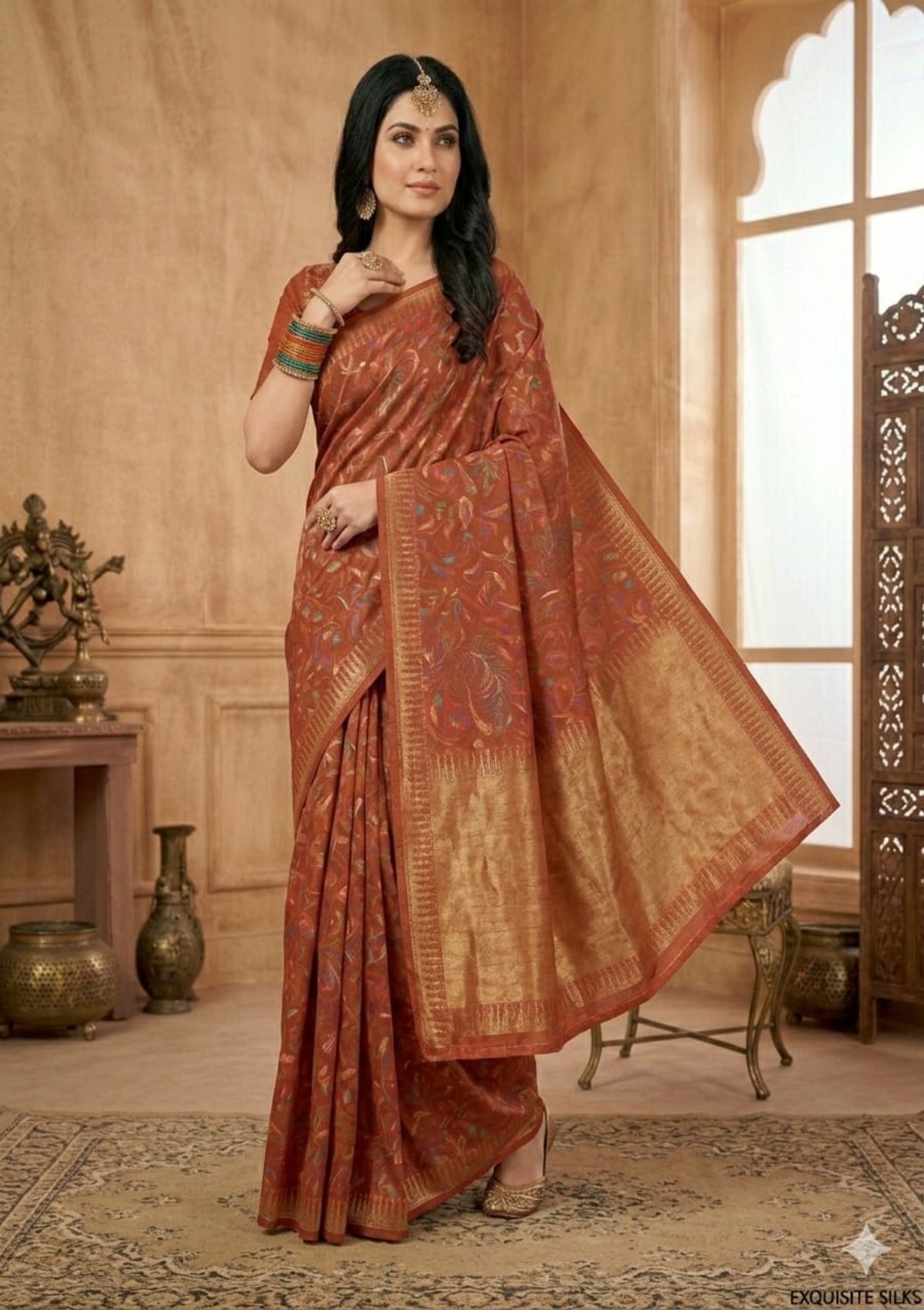 Rust Red Floral & Paisley Printed Saree - D00042