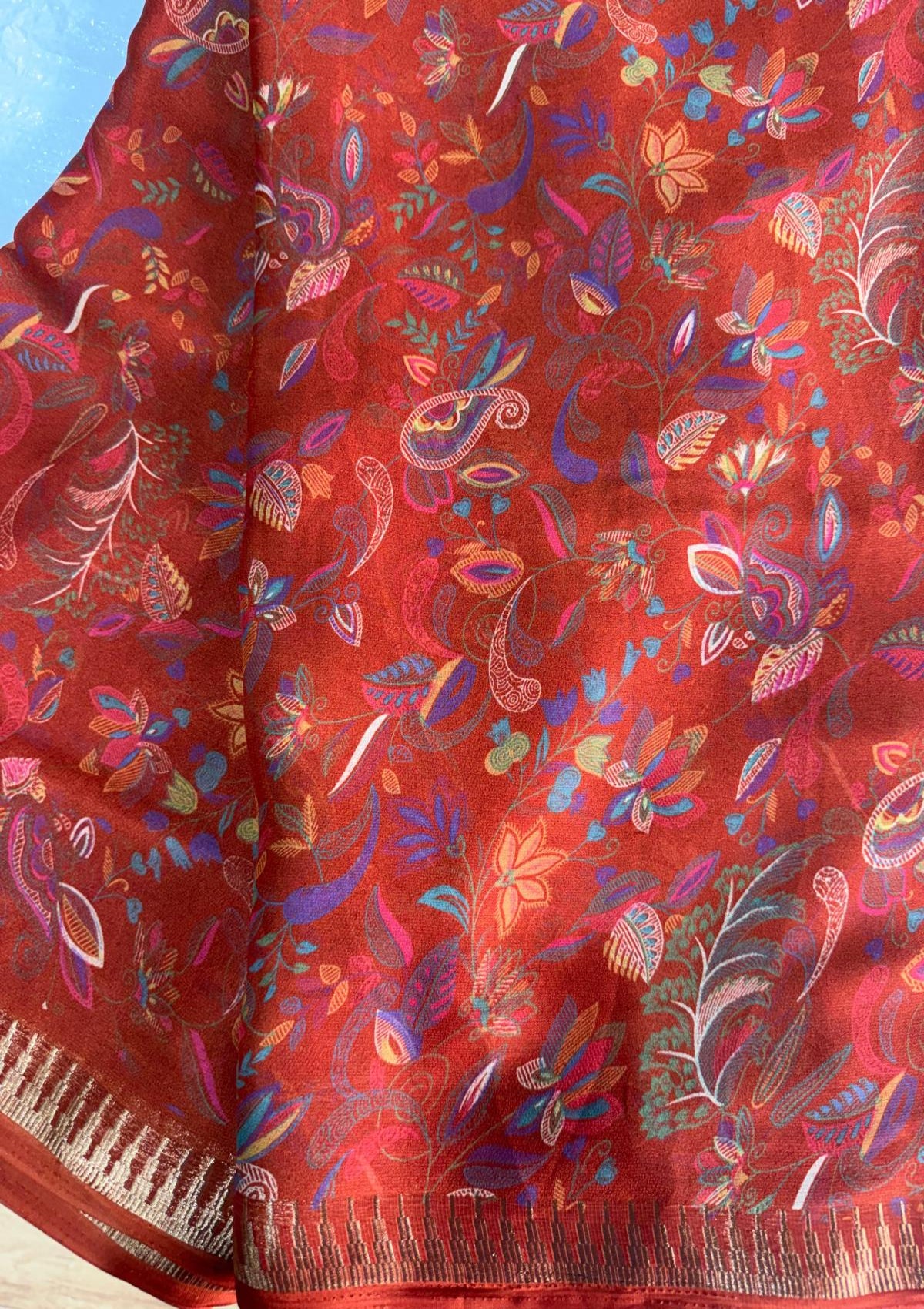Rust Red Floral & Paisley Printed Saree - D00042