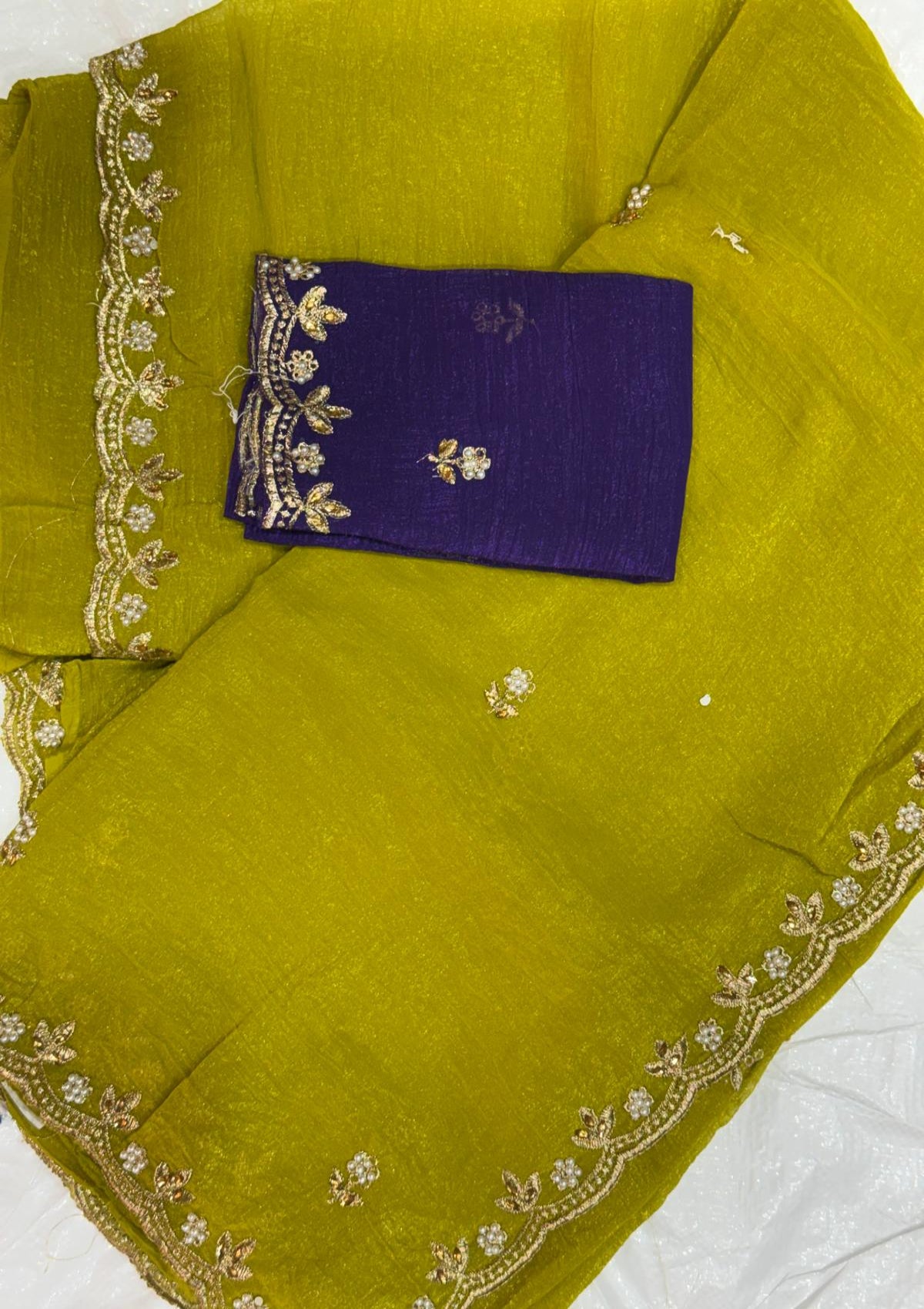 Cut-Work Saree with Scalloped Zardosi Border and Royal Purple Silk Blouse - D00052