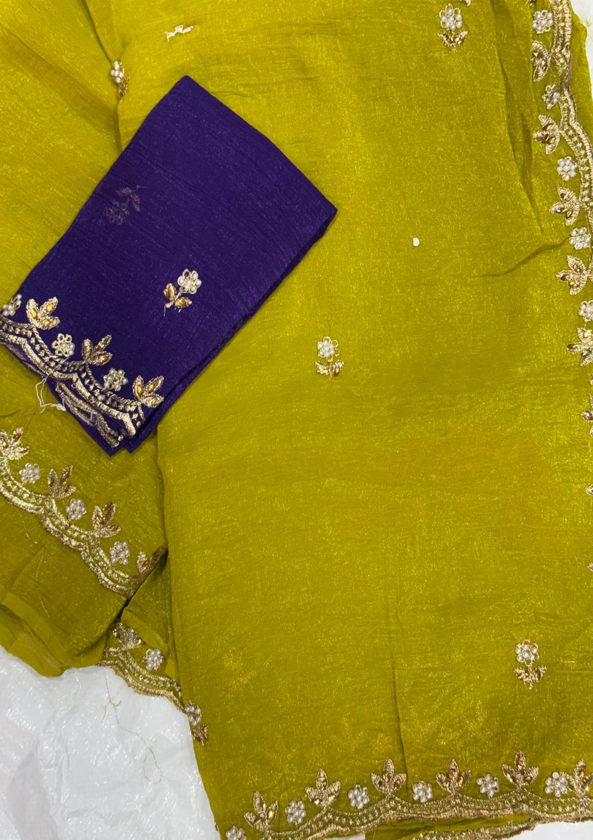 Cut-Work Saree with Scalloped Zardosi Border and Royal Purple Silk Blouse - D00052