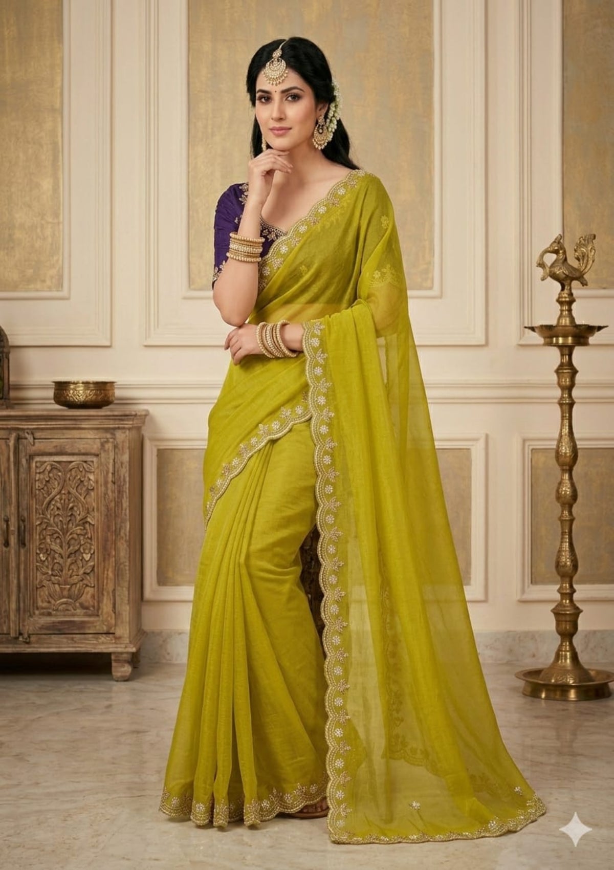 Cut-Work Saree with Scalloped Zardosi Border and Royal Purple Silk Blouse - D00052