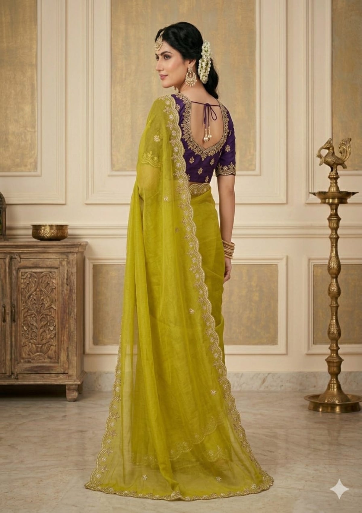 Cut-Work Saree with Scalloped Zardosi Border and Royal Purple Silk Blouse - D00052