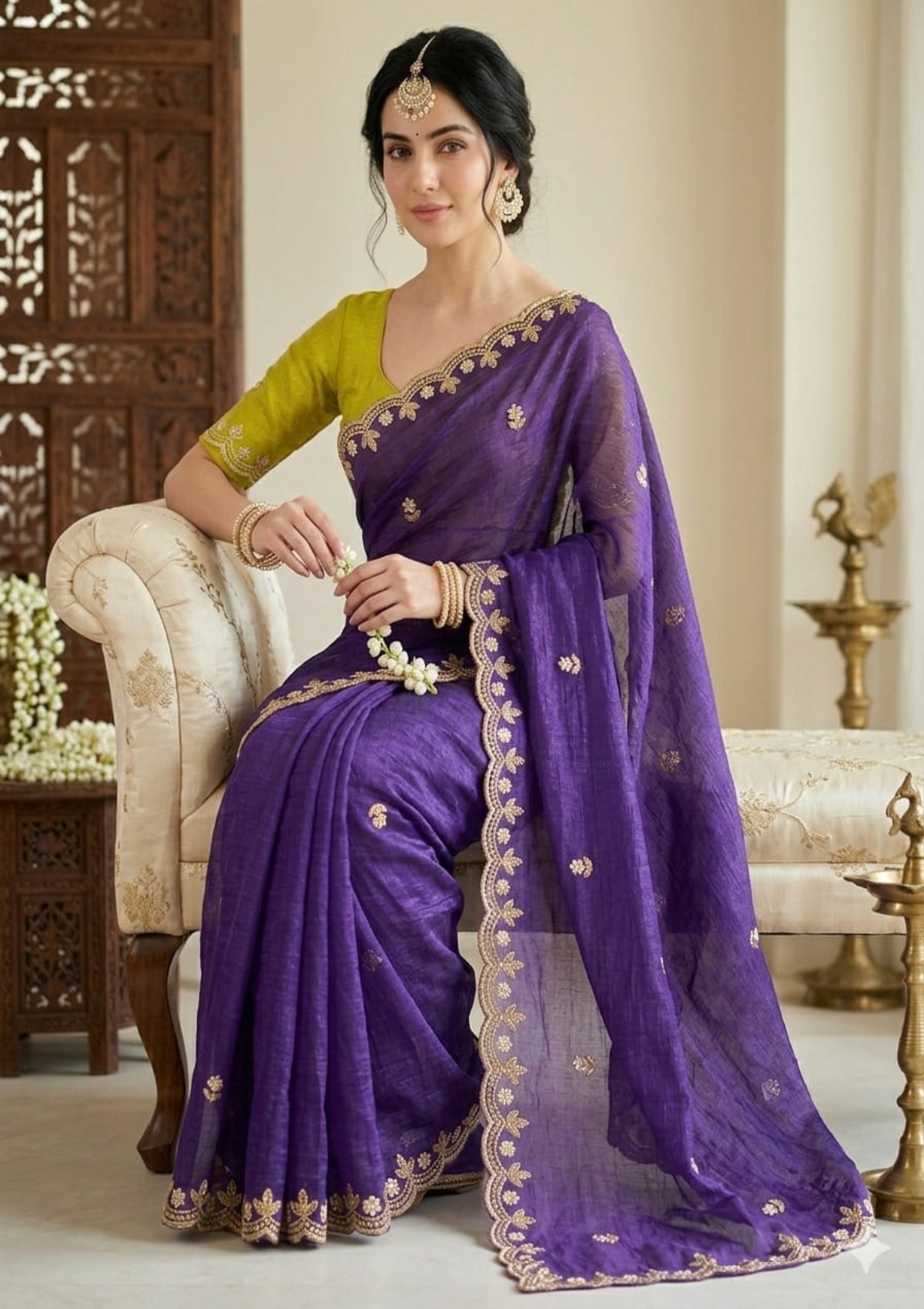 Cut-Work Saree with Scalloped Embroidery and Chartreuse Silk Blouse - D00053