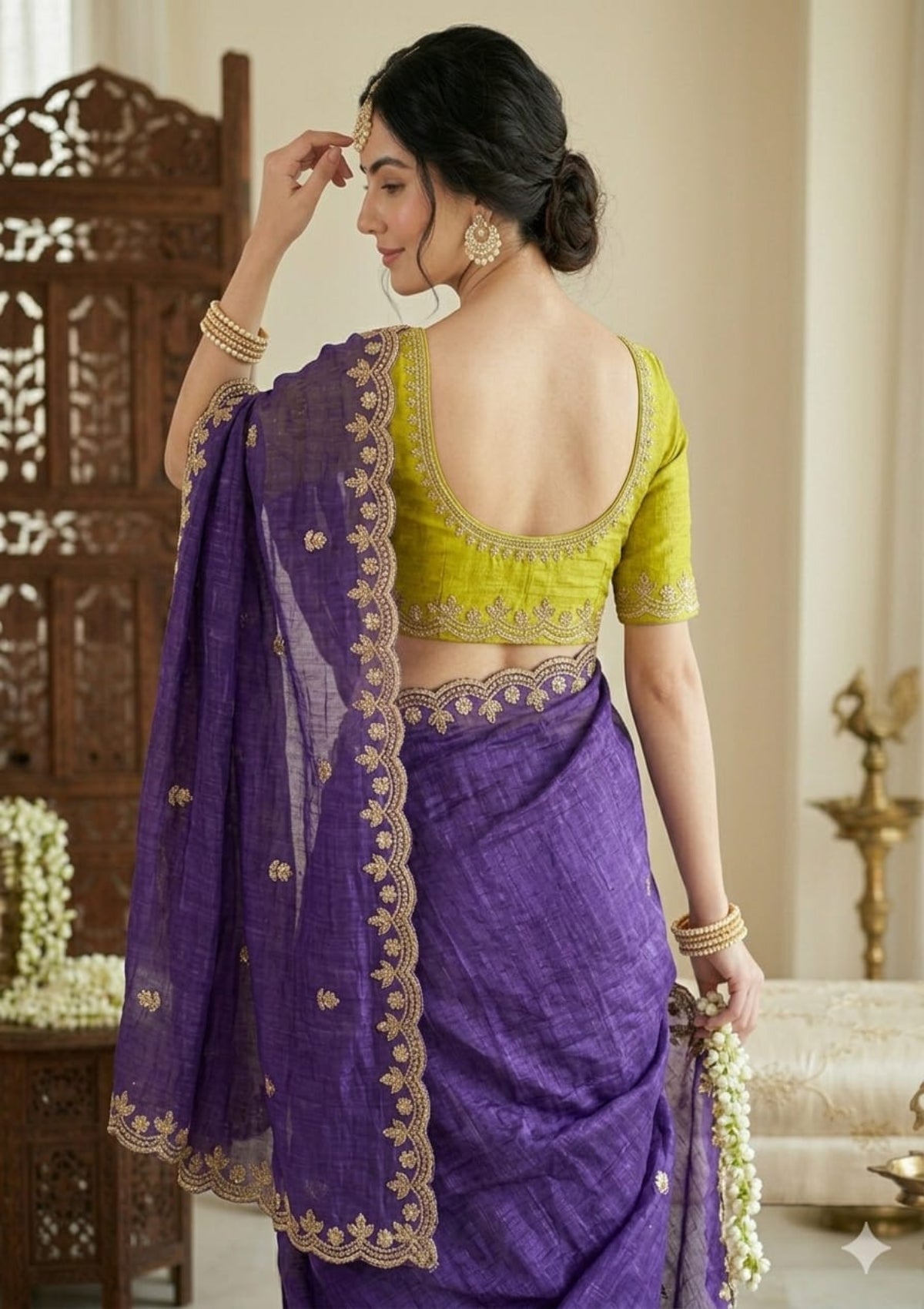 Cut-Work Saree with Scalloped Embroidery and Chartreuse Silk Blouse - D00053