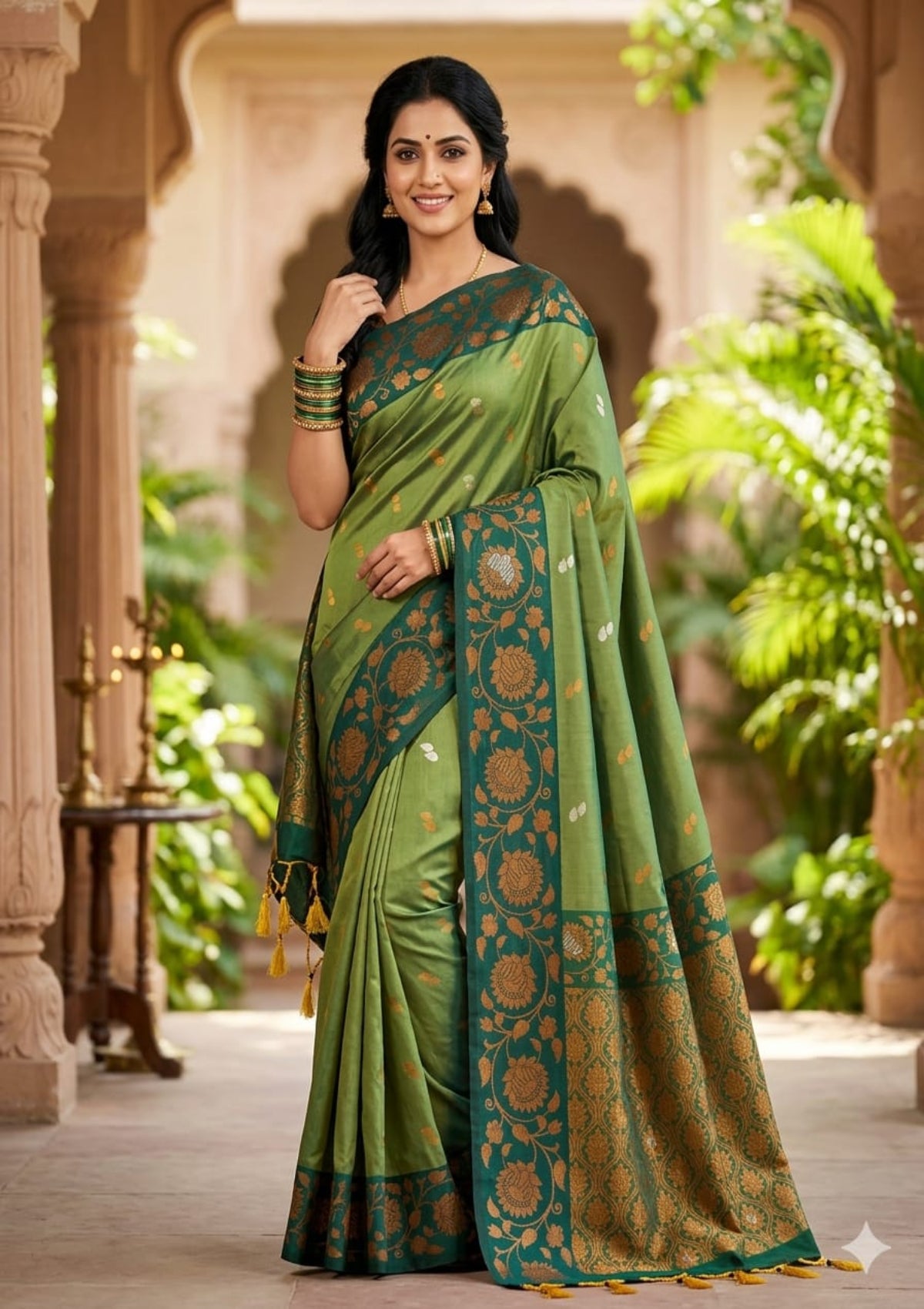 Olive & Bottle Green Banarasi Soft Silk Saree - D00014