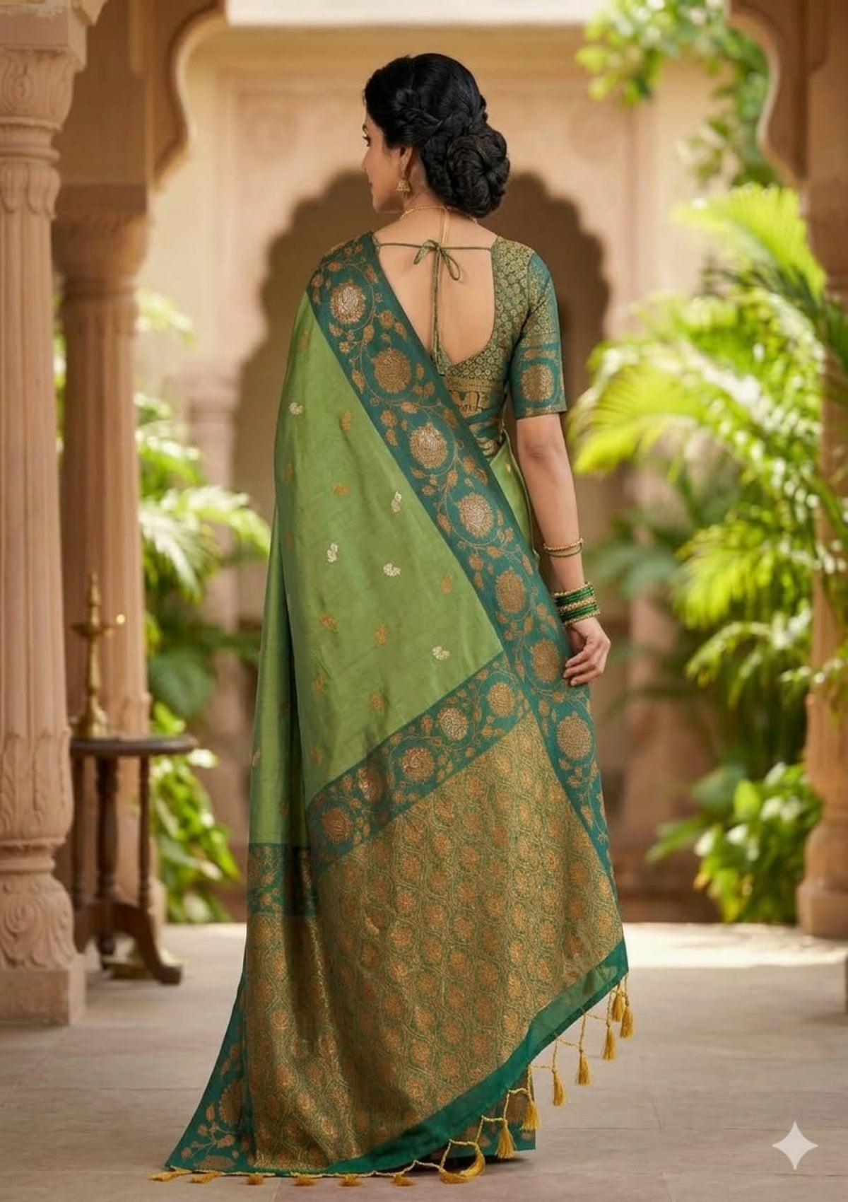 Olive & Bottle Green Banarasi Soft Silk Saree - D00014