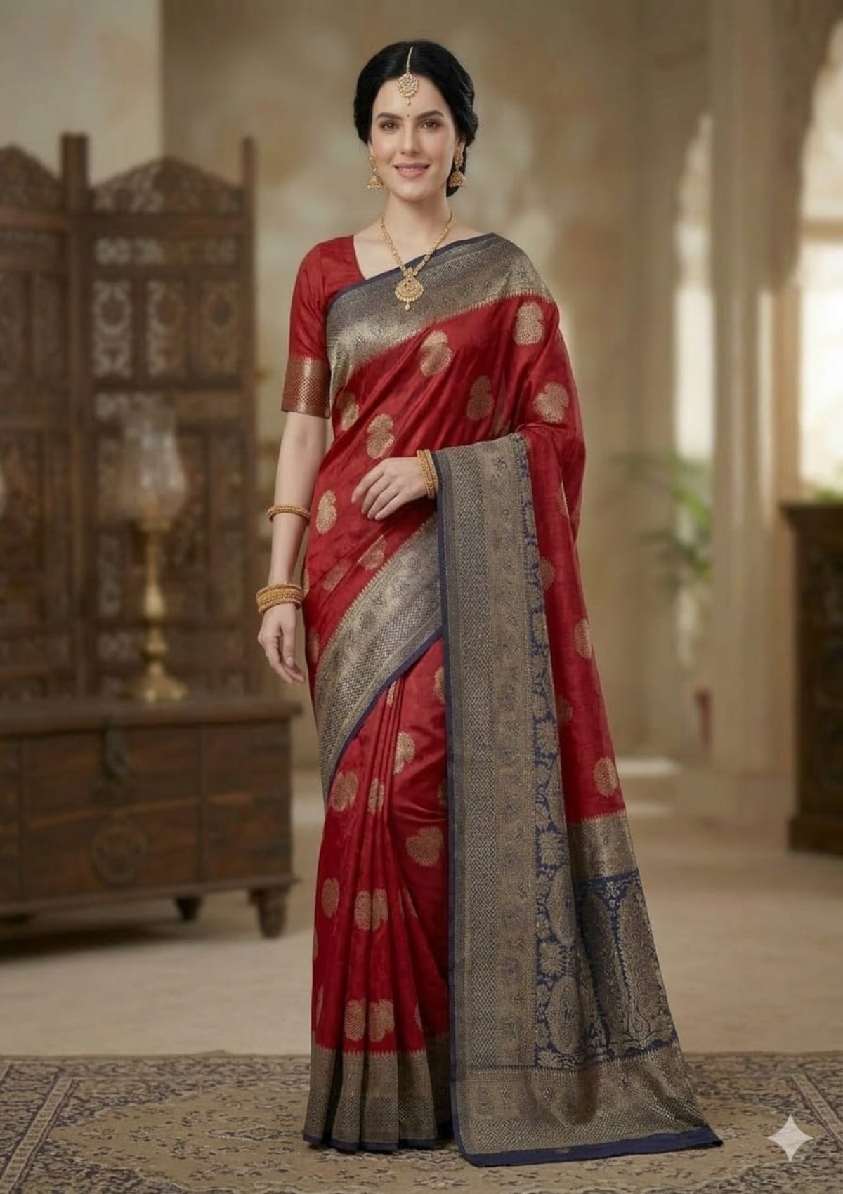 Royal Crimson Red & Navy Blue Banarasi Soft Vichitra Silk Saree with Antique Zari Weaving and Tassels - D00030