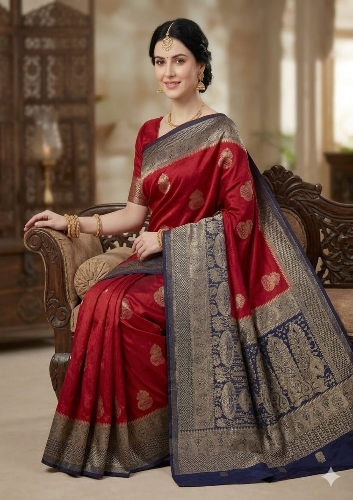 Royal Crimson Red & Navy Blue Banarasi Soft Vichitra Silk Saree with Antique Zari Weaving and Tassels - D00030