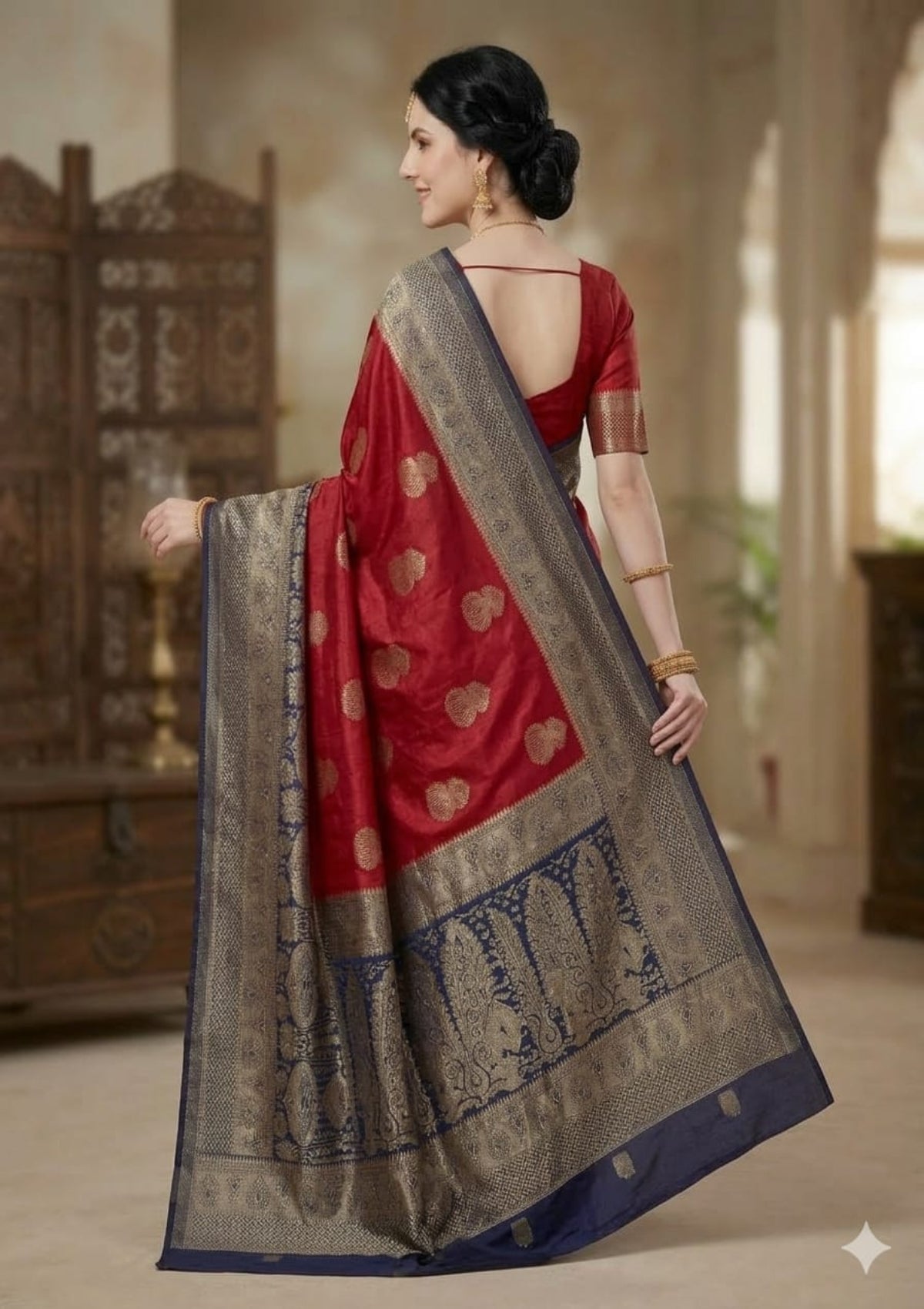 Royal Crimson Red & Navy Blue Banarasi Soft Vichitra Silk Saree with Antique Zari Weaving and Tassels - D00030