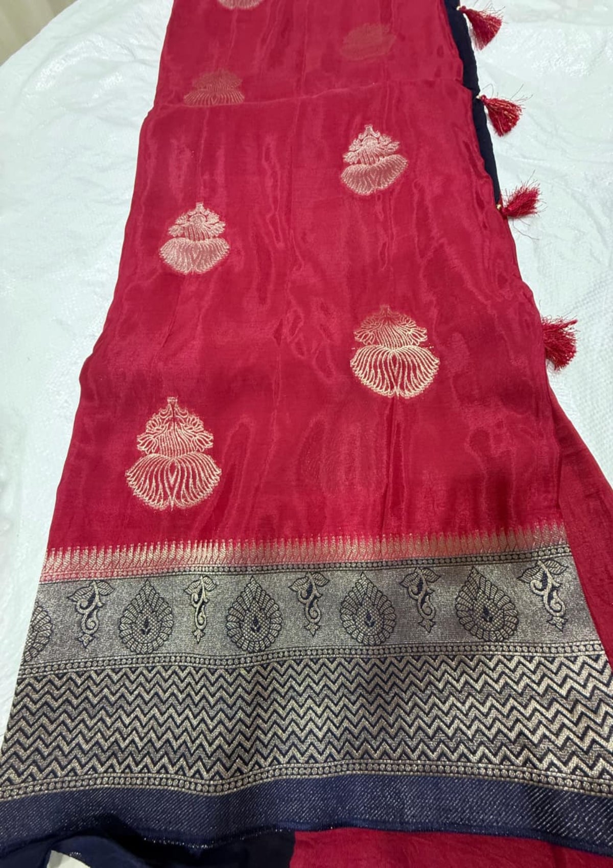 Royal Crimson Red & Navy Blue Banarasi Soft Vichitra Silk Saree with Antique Zari Weaving and Tassels - D00030