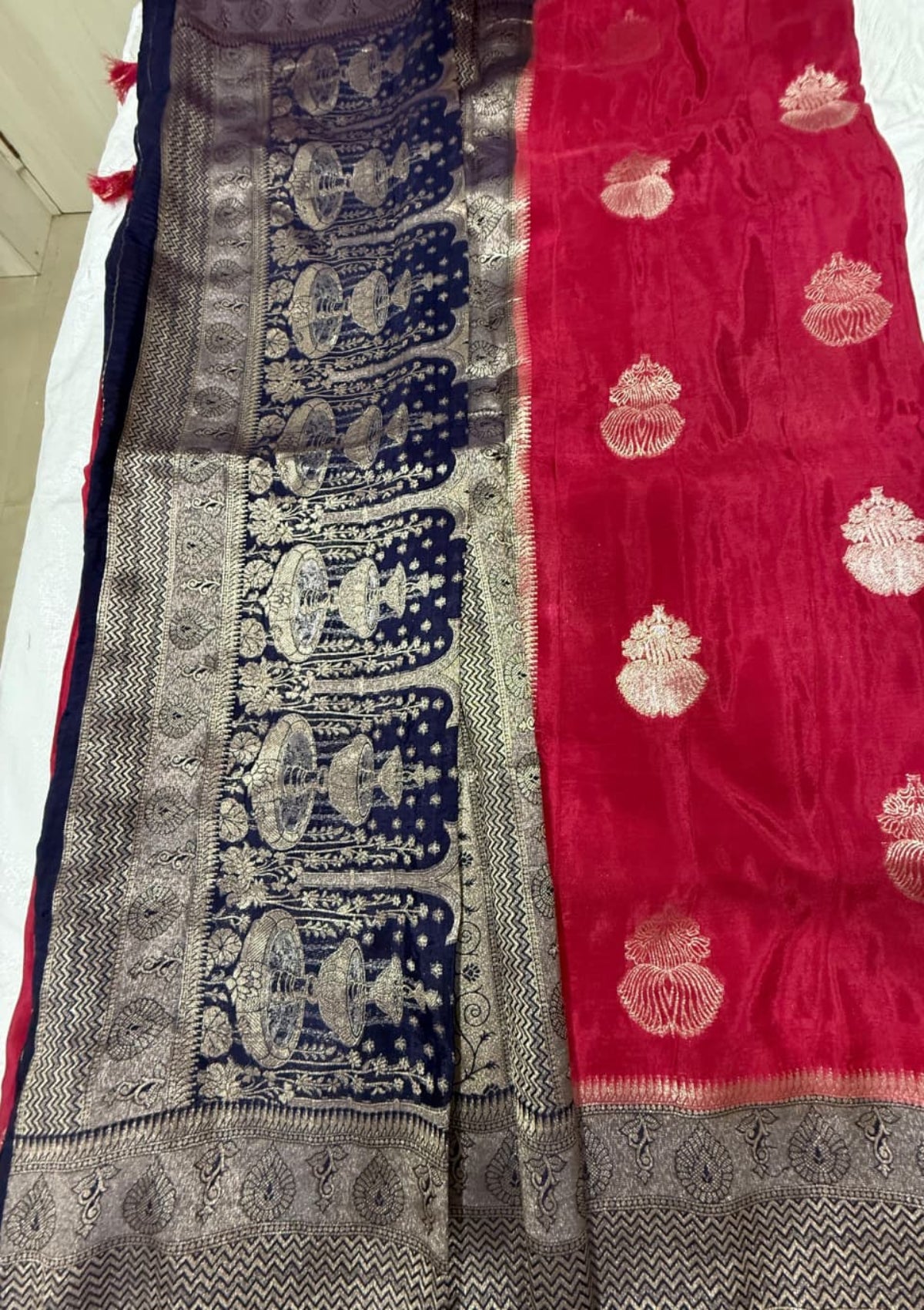 Royal Crimson Red & Navy Blue Banarasi Soft Vichitra Silk Saree with Antique Zari Weaving and Tassels - D00030
