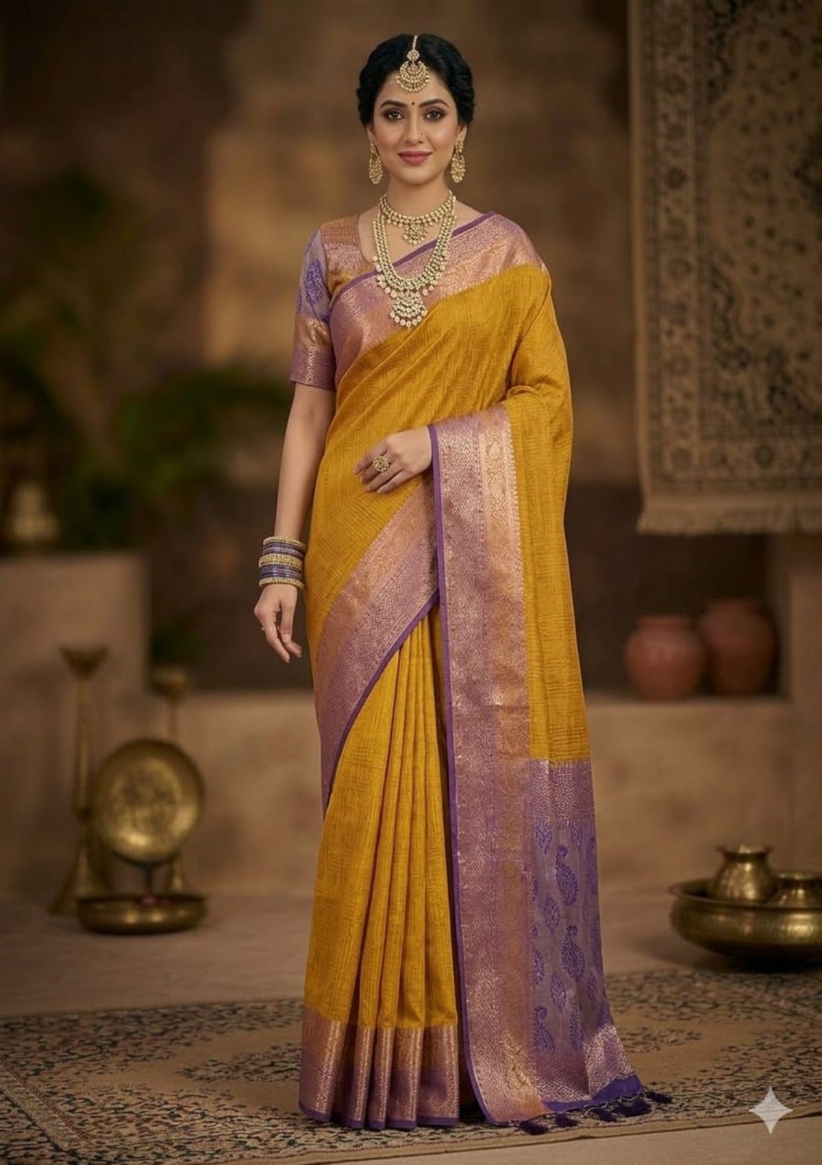 Ethnic Mustard Yellow & Royal Purple Banarasi Soft Silk Saree with Rose Gold Zari Weaving and Paisley Pallu - D00031