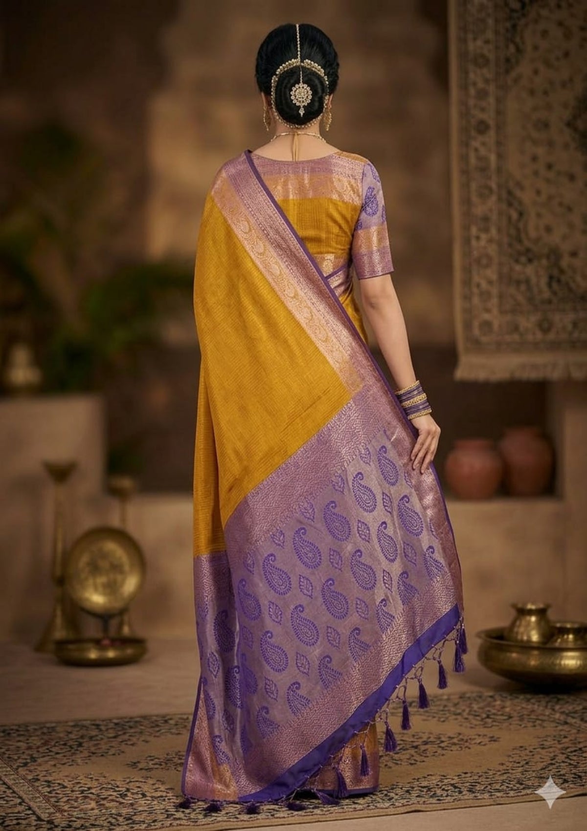Ethnic Mustard Yellow & Royal Purple Banarasi Soft Silk Saree with Rose Gold Zari Weaving and Paisley Pallu - D00031