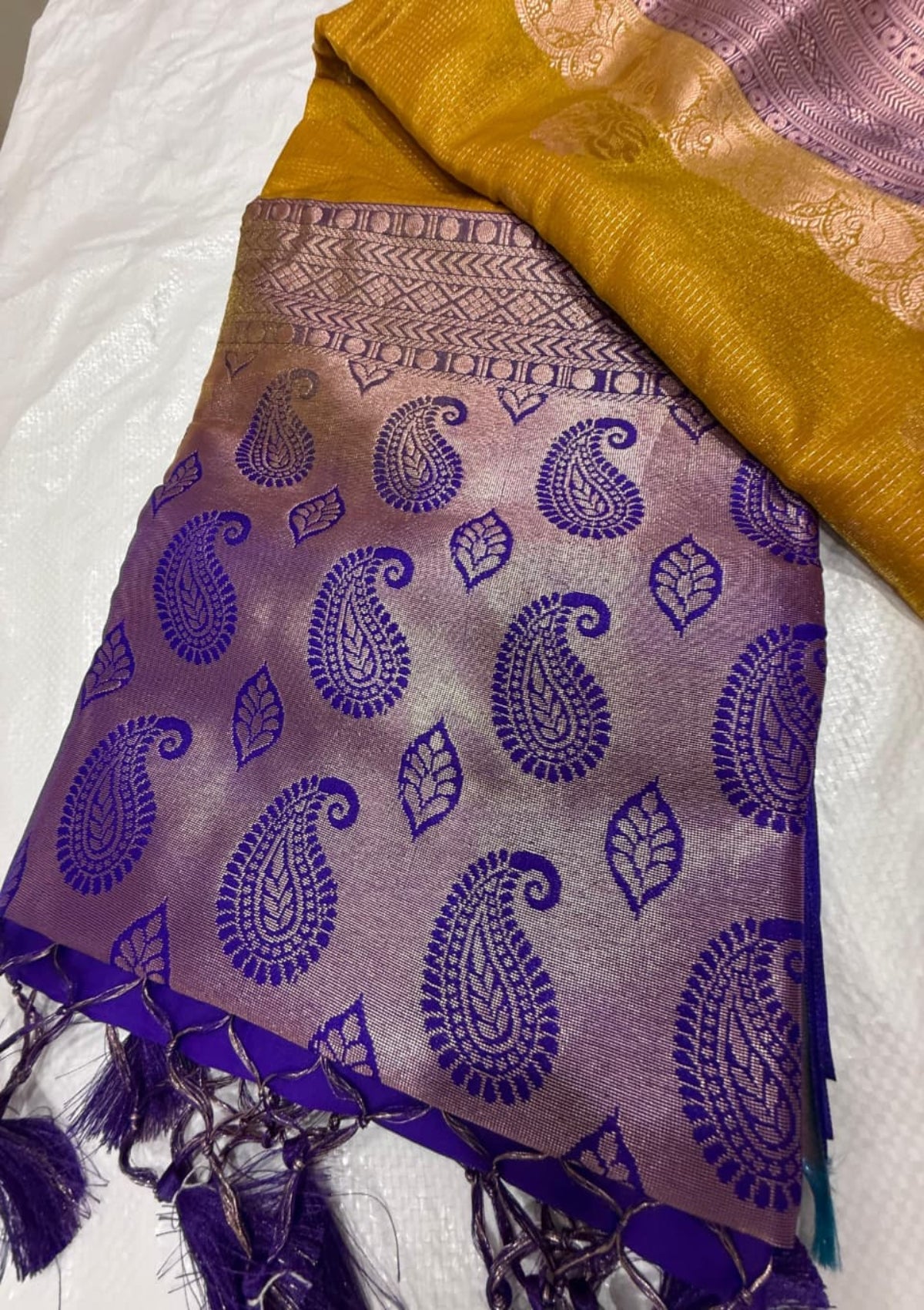Ethnic Mustard Yellow & Royal Purple Banarasi Soft Silk Saree with Rose Gold Zari Weaving and Paisley Pallu - D00031