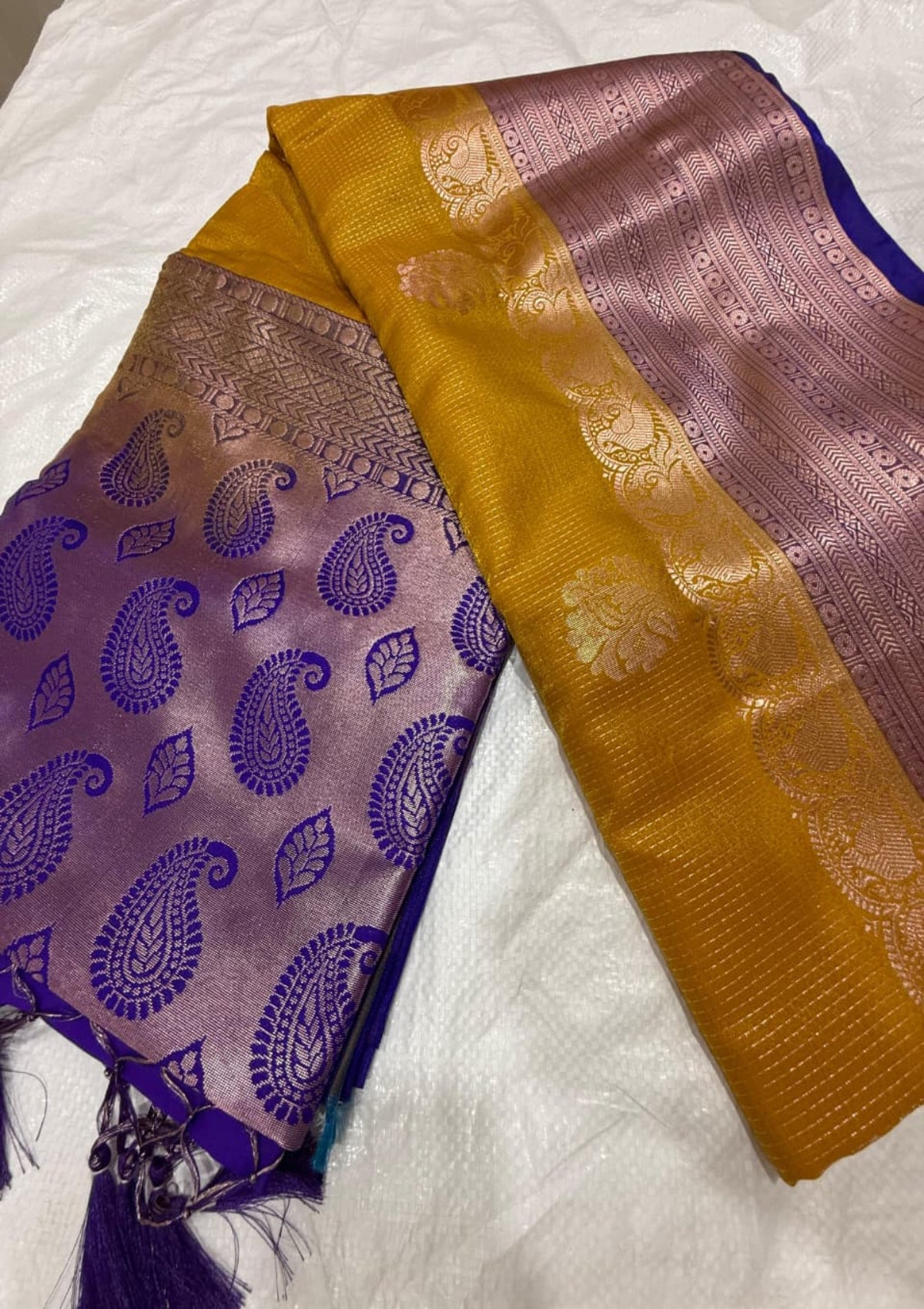 Ethnic Mustard Yellow & Royal Purple Banarasi Soft Silk Saree with Rose Gold Zari Weaving and Paisley Pallu - D00031