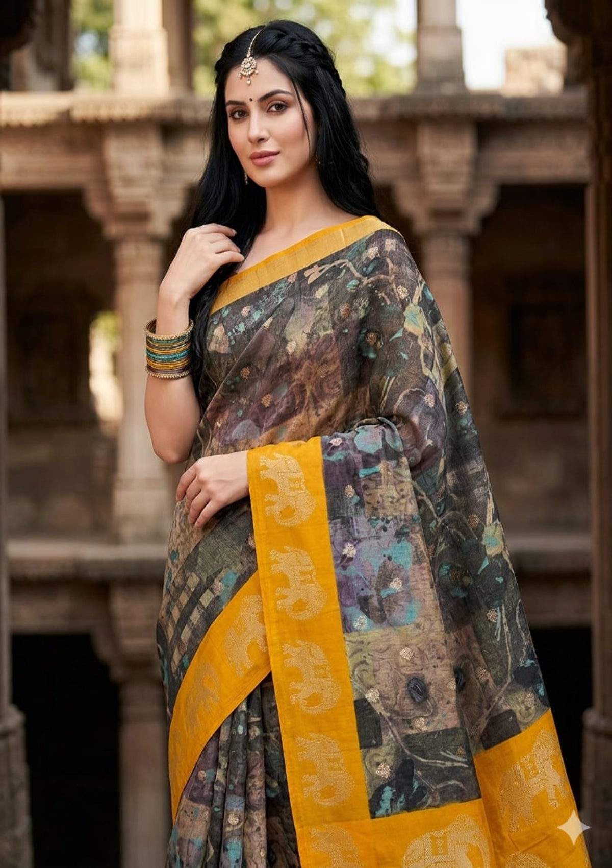 Cotton Linen Saree with Abstract Digital Print & Woven Elephant Border - D00012
