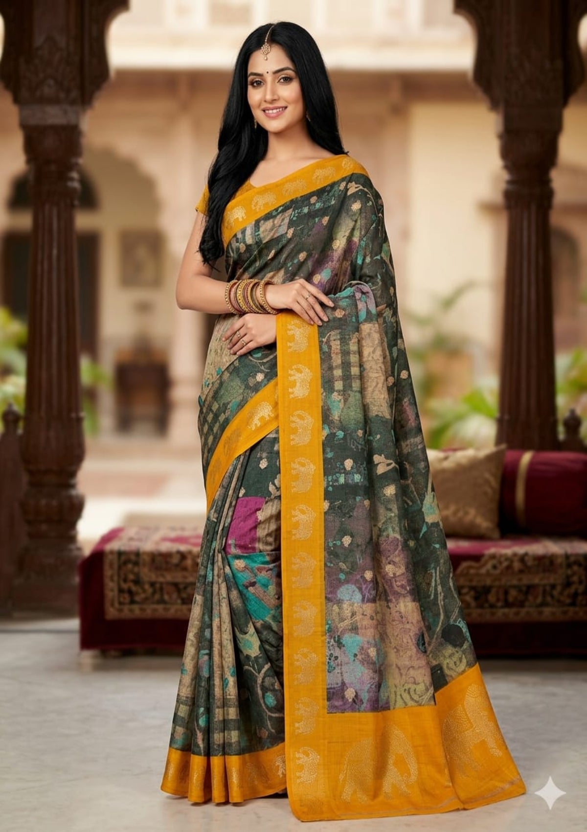 Cotton Linen Saree with Abstract Digital Print & Woven Elephant Border - D00012
