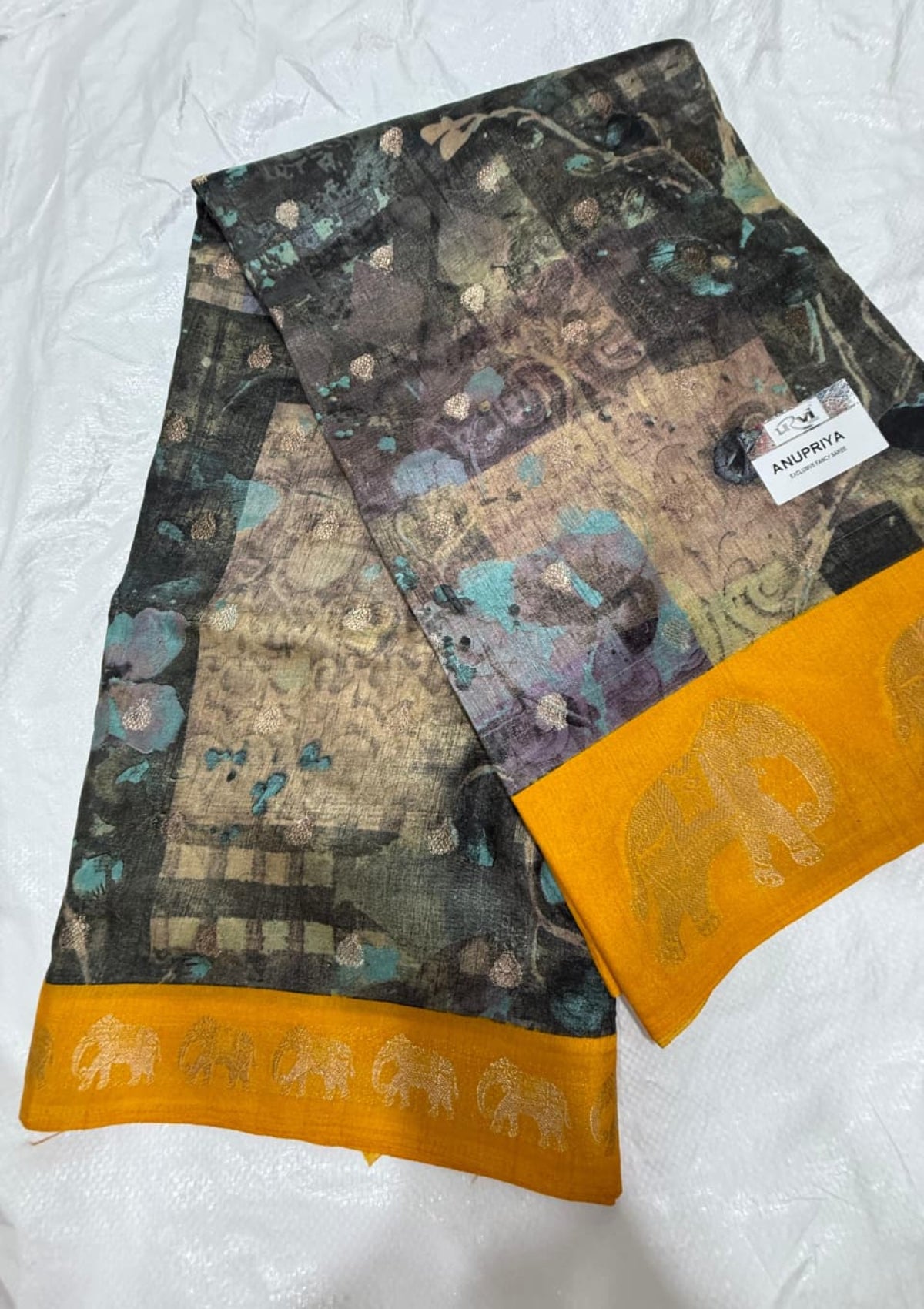 Cotton Linen Saree with Abstract Digital Print & Woven Elephant Border - D00012