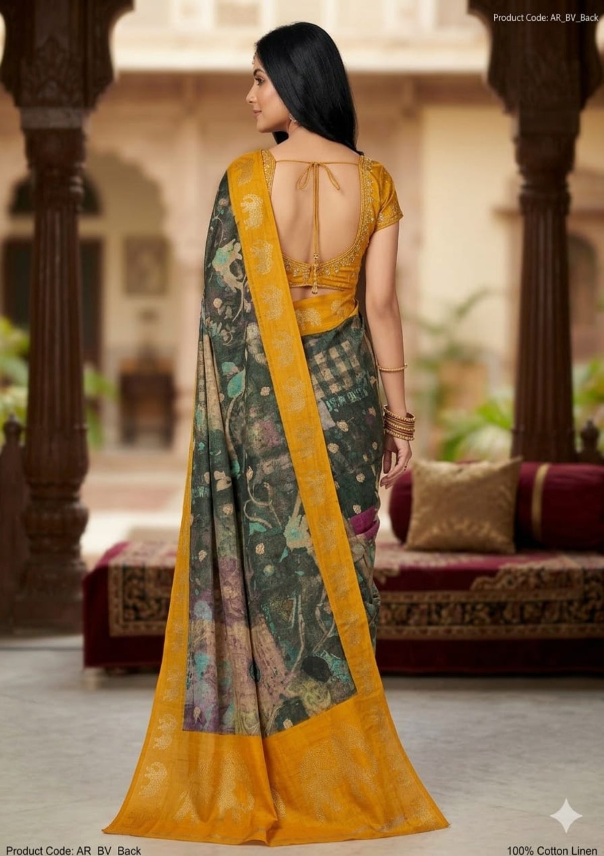 Cotton Linen Saree with Abstract Digital Print & Woven Elephant Border - D00012