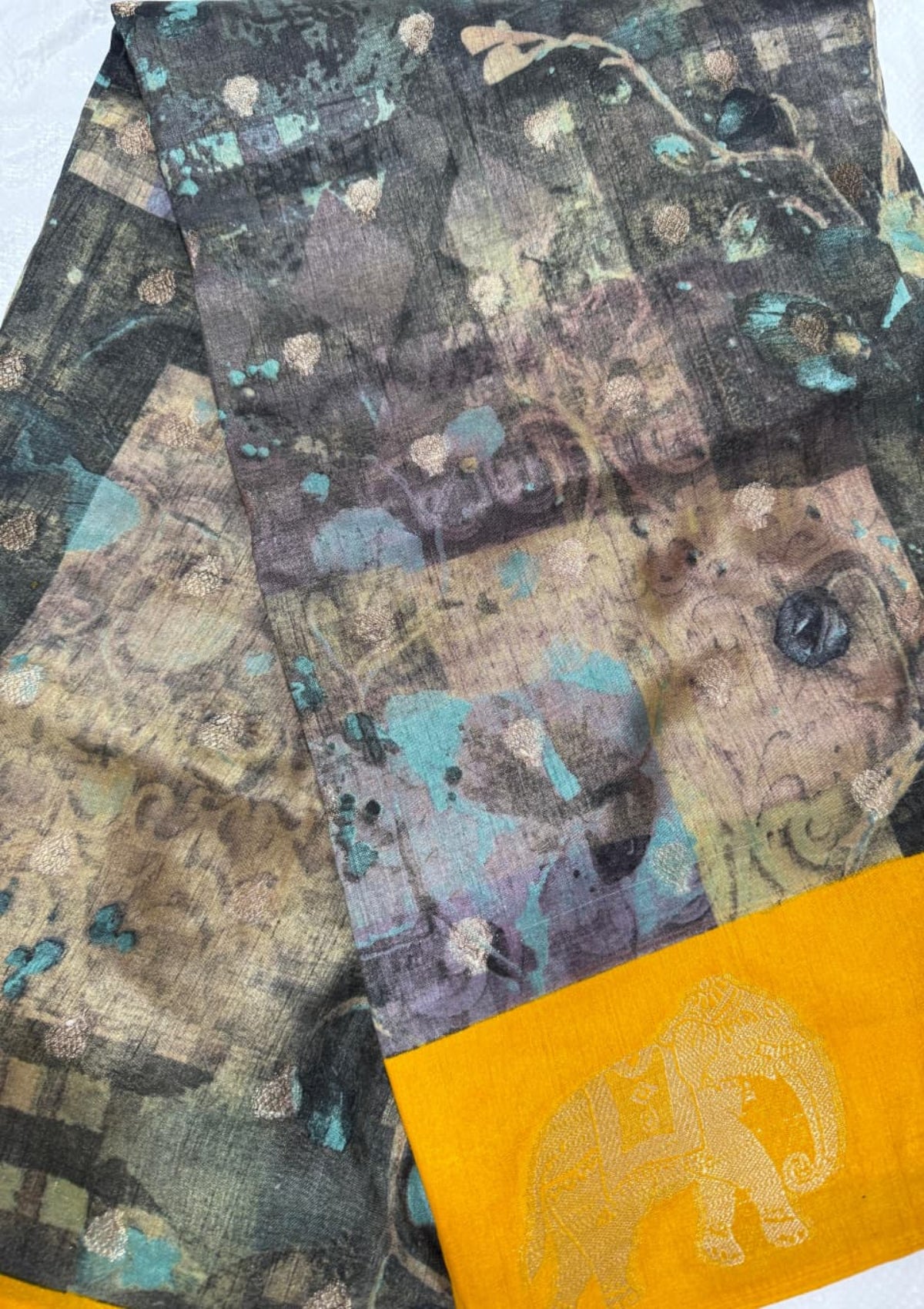 Cotton Linen Saree with Abstract Digital Print & Woven Elephant Border - D00012