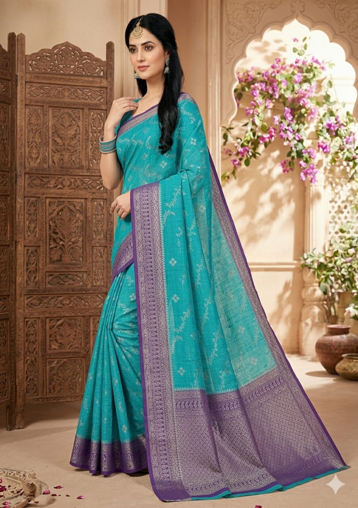 Teal Blue Cotton Linen Saree with Silver Zari Butti & Contrast Purple Banarasi Border - D00033