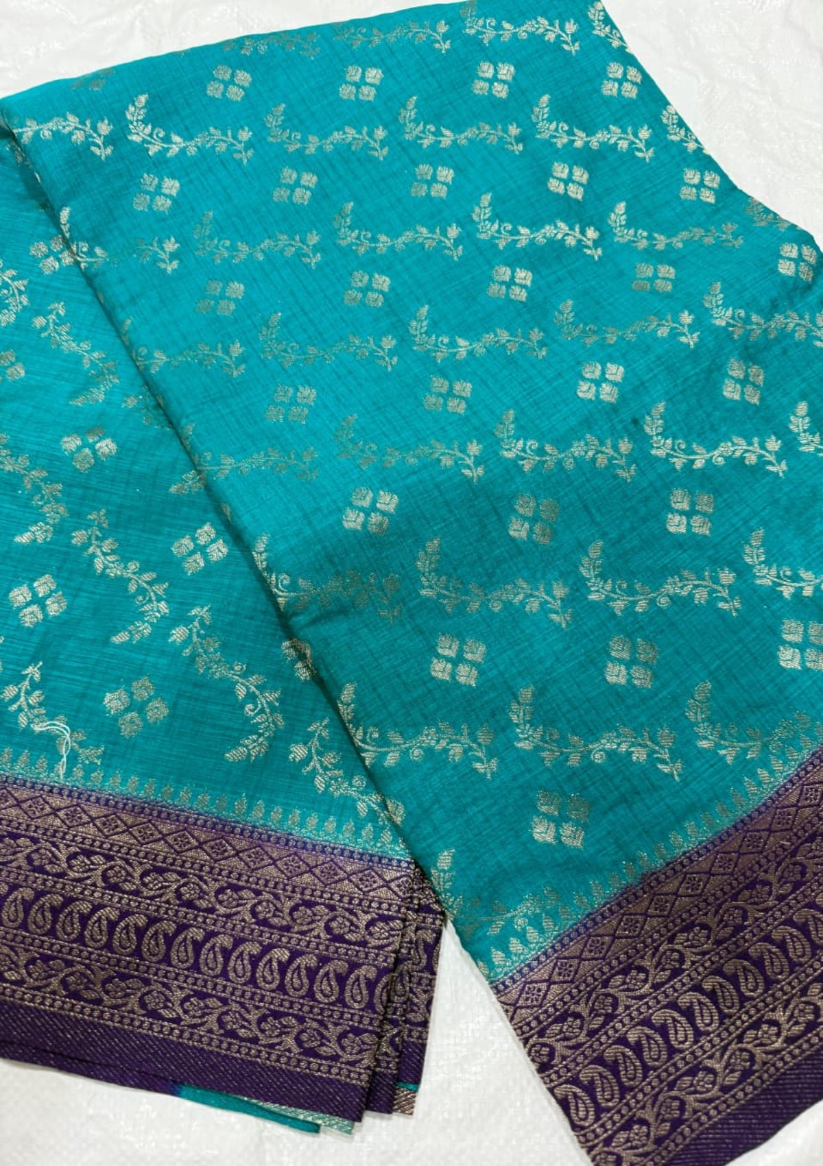 Teal Blue Cotton Linen Saree with Silver Zari Butti & Contrast Purple Banarasi Border - D00033