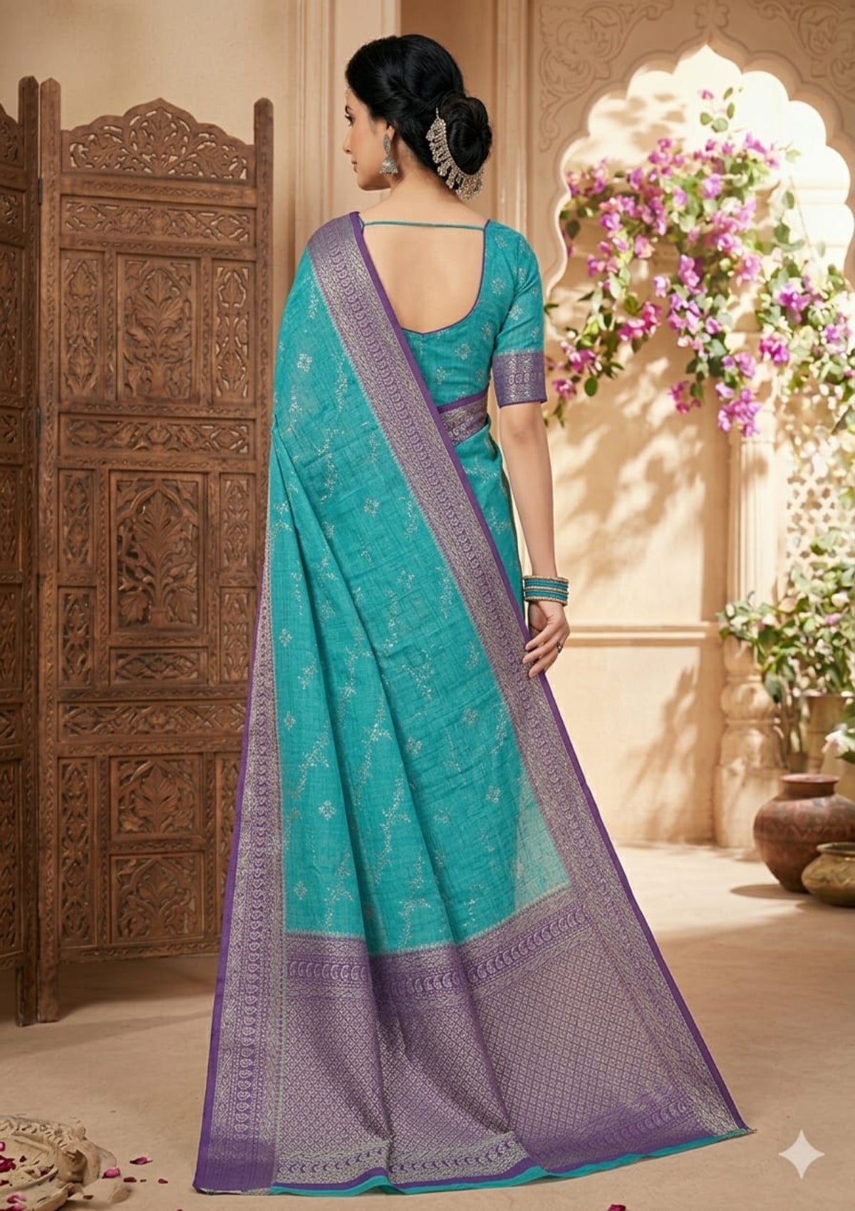 Teal Blue Cotton Linen Saree with Silver Zari Butti & Contrast Purple Banarasi Border - D00033